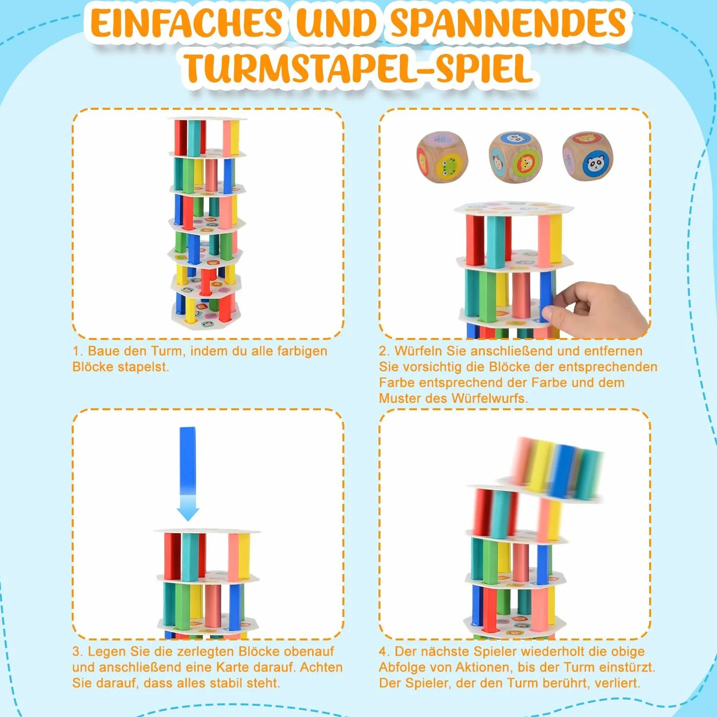 Torre de Bloques de Madera 4 en 1, Juguete Montessori de Equilibrio y Habilidad, Juego de Mesa Familiar y de Viaje, Juego Educativo Regalo para Niños y Niñas de 3 a 9 años