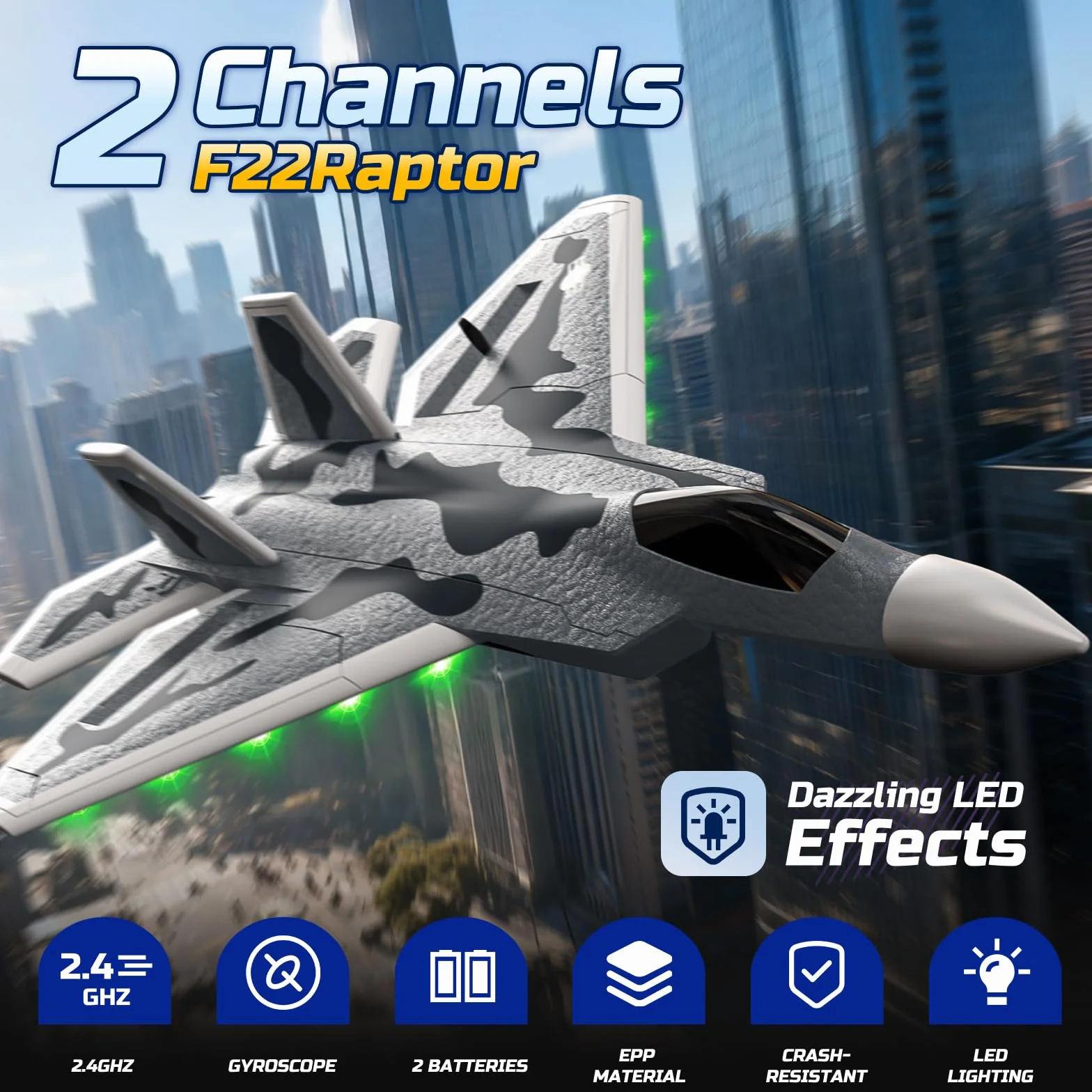DEERC 2CH F22 Avion Teledirigido con Luces, Avión RC Combate Control Remoto, Planeador RTF con Estabilizador Giroscópico de 6 Ejes de 2.4 GHz y 2 Baterías, Fácil de Volar para Niños y Principiantes.