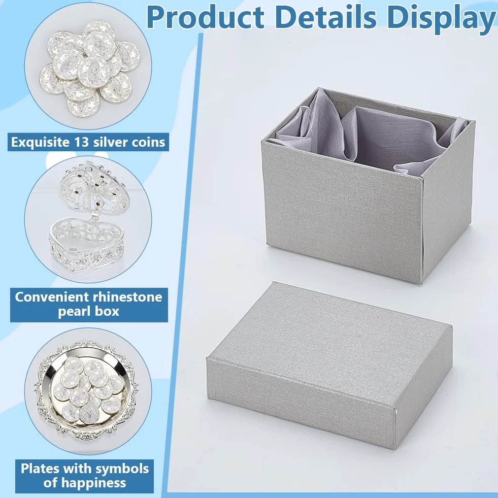 ORIGACH Juego de monedas de plata Arras de Boda, caja en forma de corazón con 13 monedas de Jesús y bandeja en relieve, accesorios de boda para ceremonia