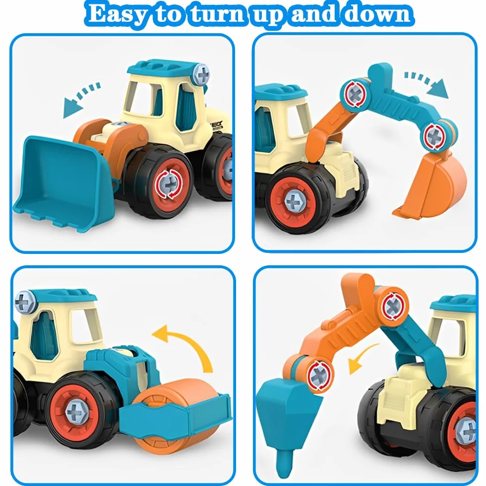 Juguetes de Vehículos de Construcción 4 en 1 para Niños a Partir de 2 Años, Set de Excavadoras DIY con Destornillador, Desmontar Camión de Ingeniería para Niños, Niños