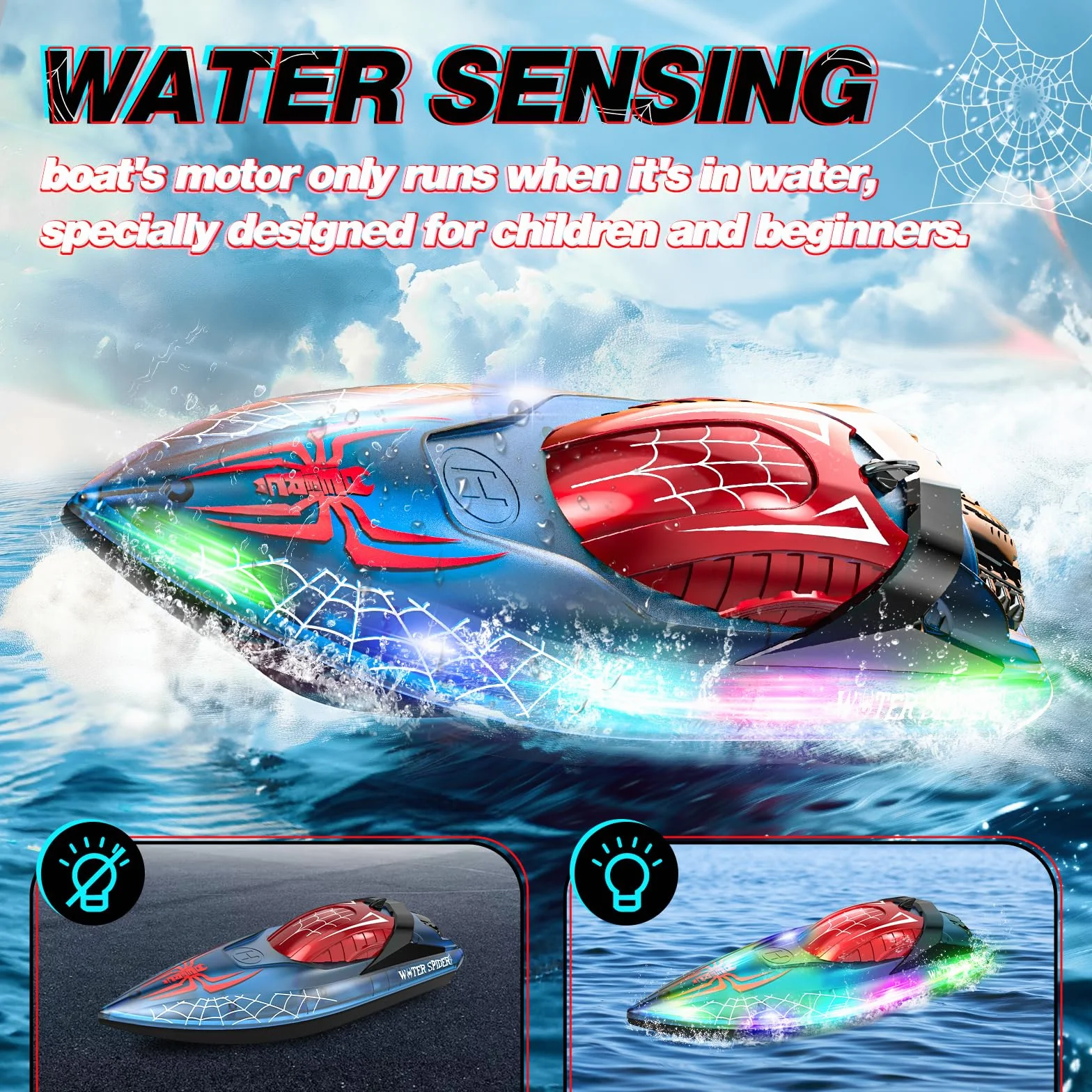 DEERC Barco Teledirigido Spider con luz LED para niños, Barco RC Totalmente proporcional de 2,4 GHz para Piscinas y Lagos, Tiempo de ejecución de 80 Minutos, Juguetes para Piscinas