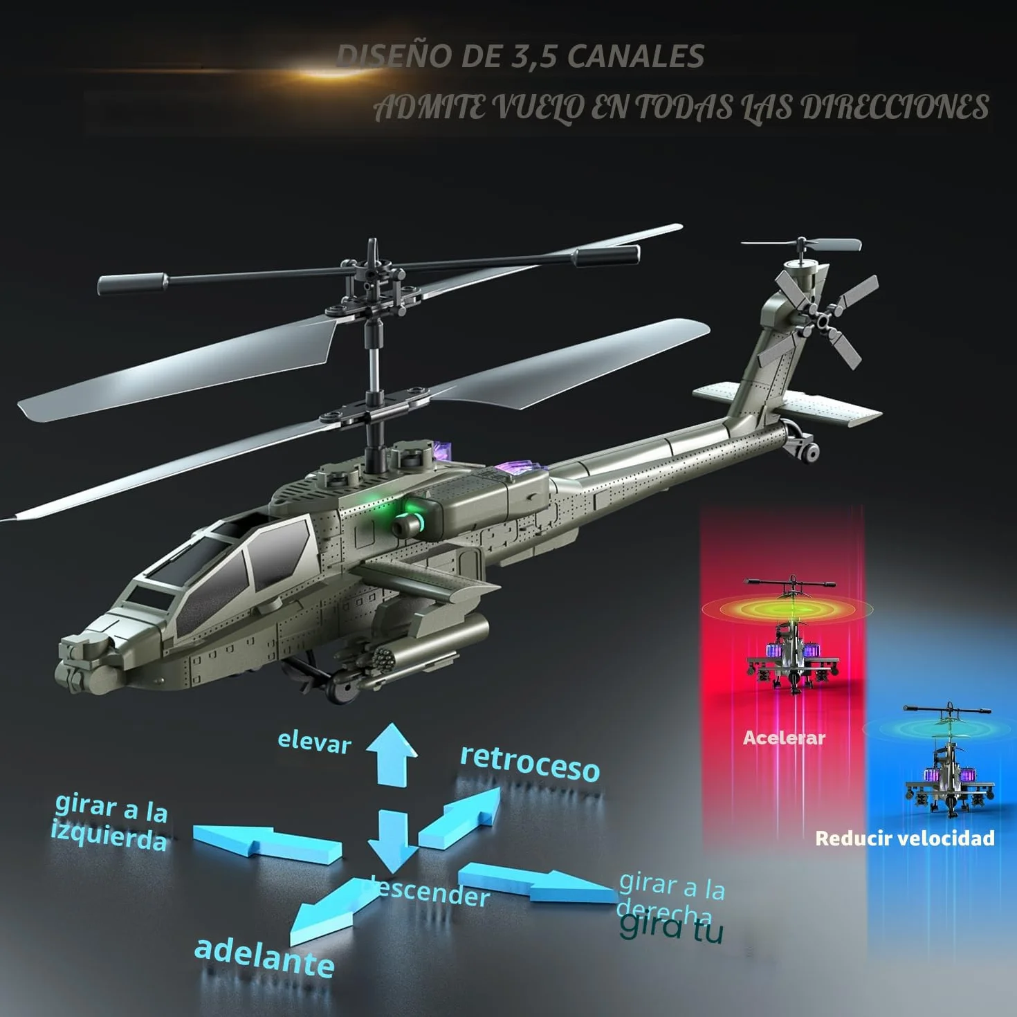 VATOS Helicóptero teledirigido 2.4G con 2 baterías y luz LED con despegue con un solo botón, serie militar de juguetes helicóptero RC para niños o principiantes de edades comprendidas entre 14 y más