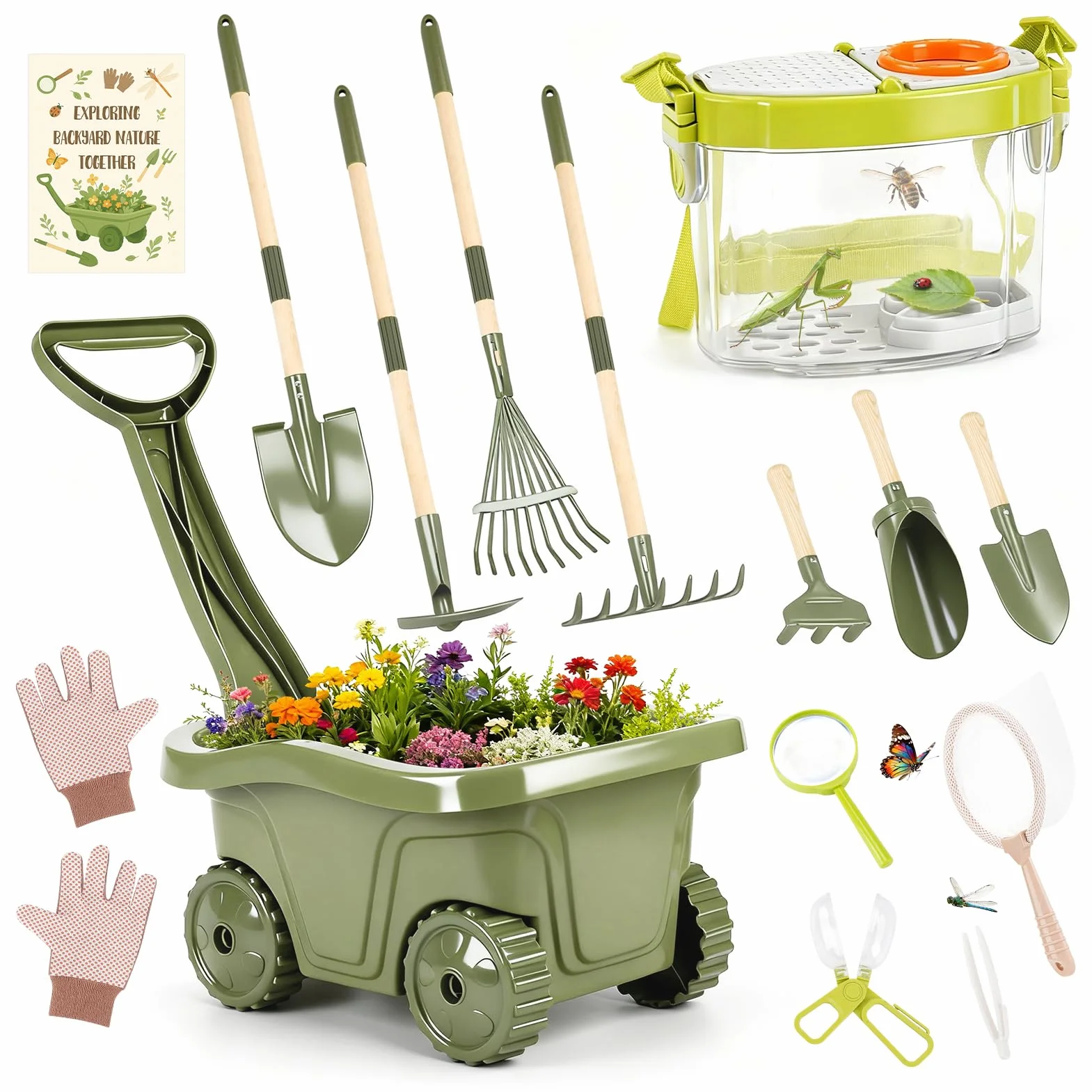 Dreamon 17PCS Carretilla Niño Set Jardinería y Exploración | Herramientas Jardinería Infantil + Kit Explorador Niños con Caja Insectos, Red, Lupa | Juguetes Jardín Educativos Exterior 3+ Años