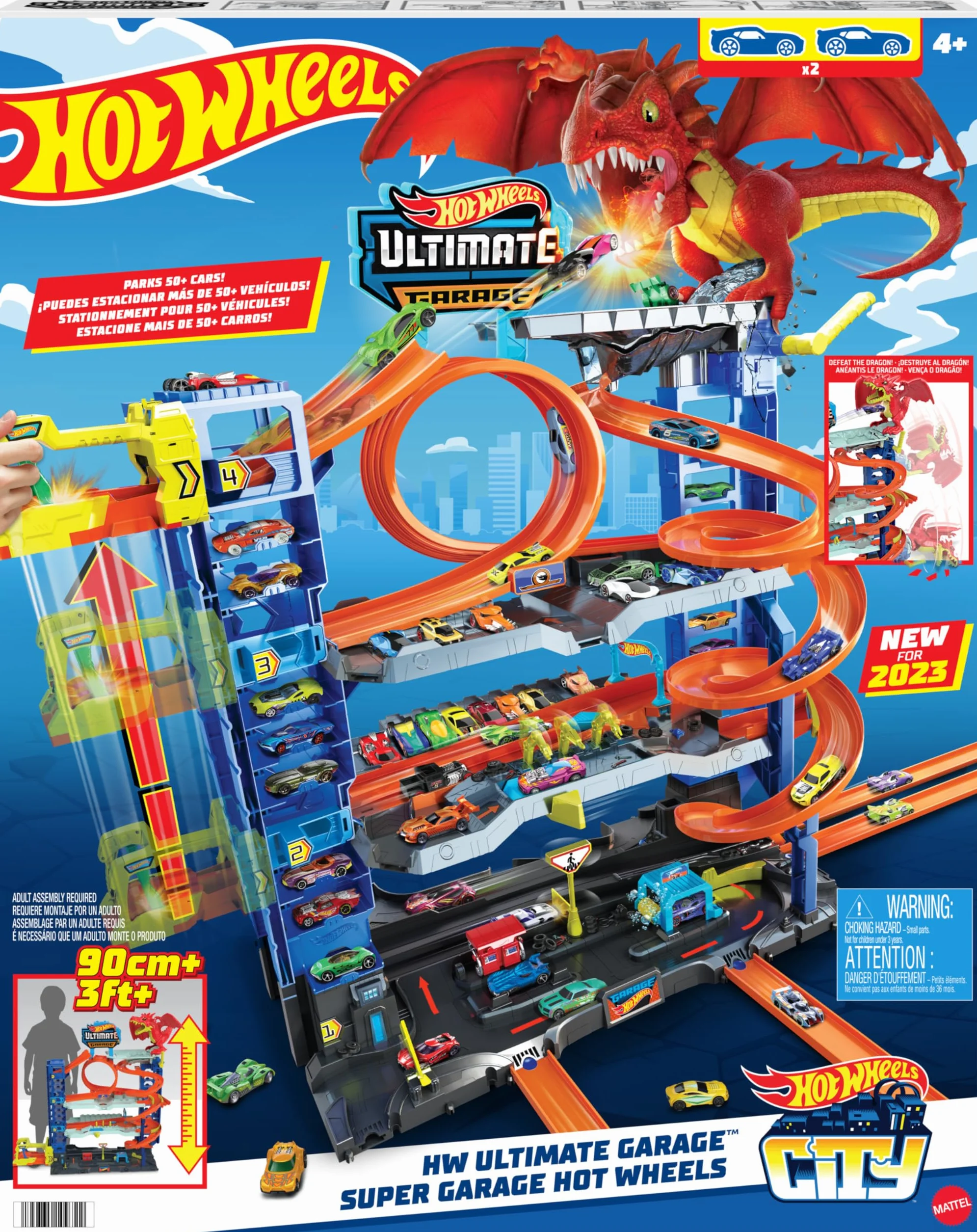 Mattel Hot Wheels City Garaje Definitivo Pista para Coches de Juguete con Dragón y 4 Niveles, Incluye 2 Vehículos, +4 años