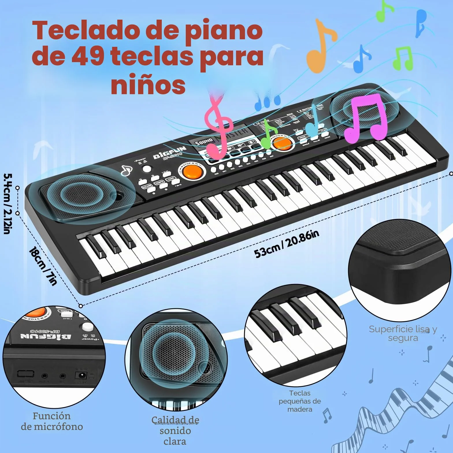 m zimoon Teclado Pianos 49 Teclas, Piano Electrónico con micrófono, Electrónico Música Teclado Piano Cumpleaños Regalos del día de Navidad Edad para Niños de 3 a 12 Años, Niñas y Niños