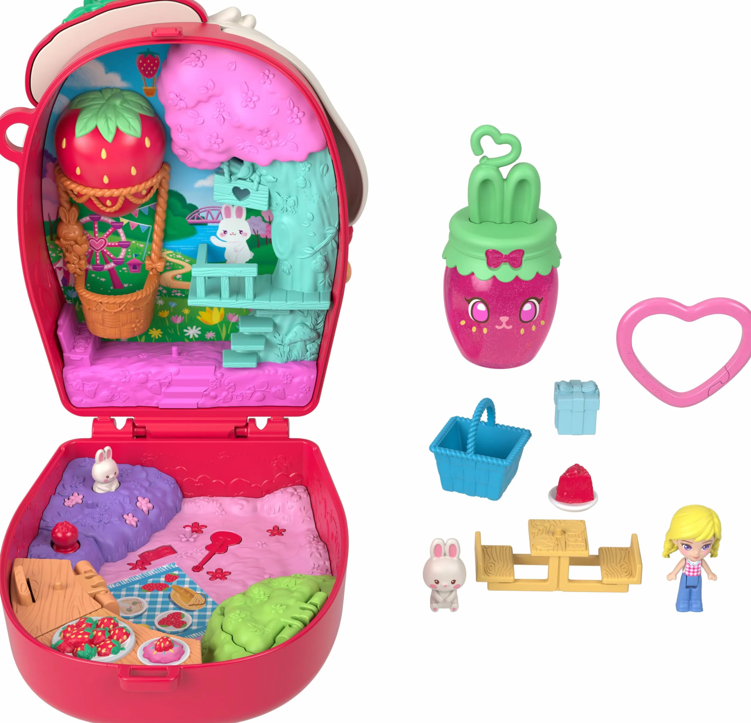 Polly Pocket Estuche Conejito de pícnic, Conjunto de Juego con muñeca, Juguete de Viaje con una minimuñeca, una Mascota y Accesorios temáticos de Fruta, como Fresas, JKC47
