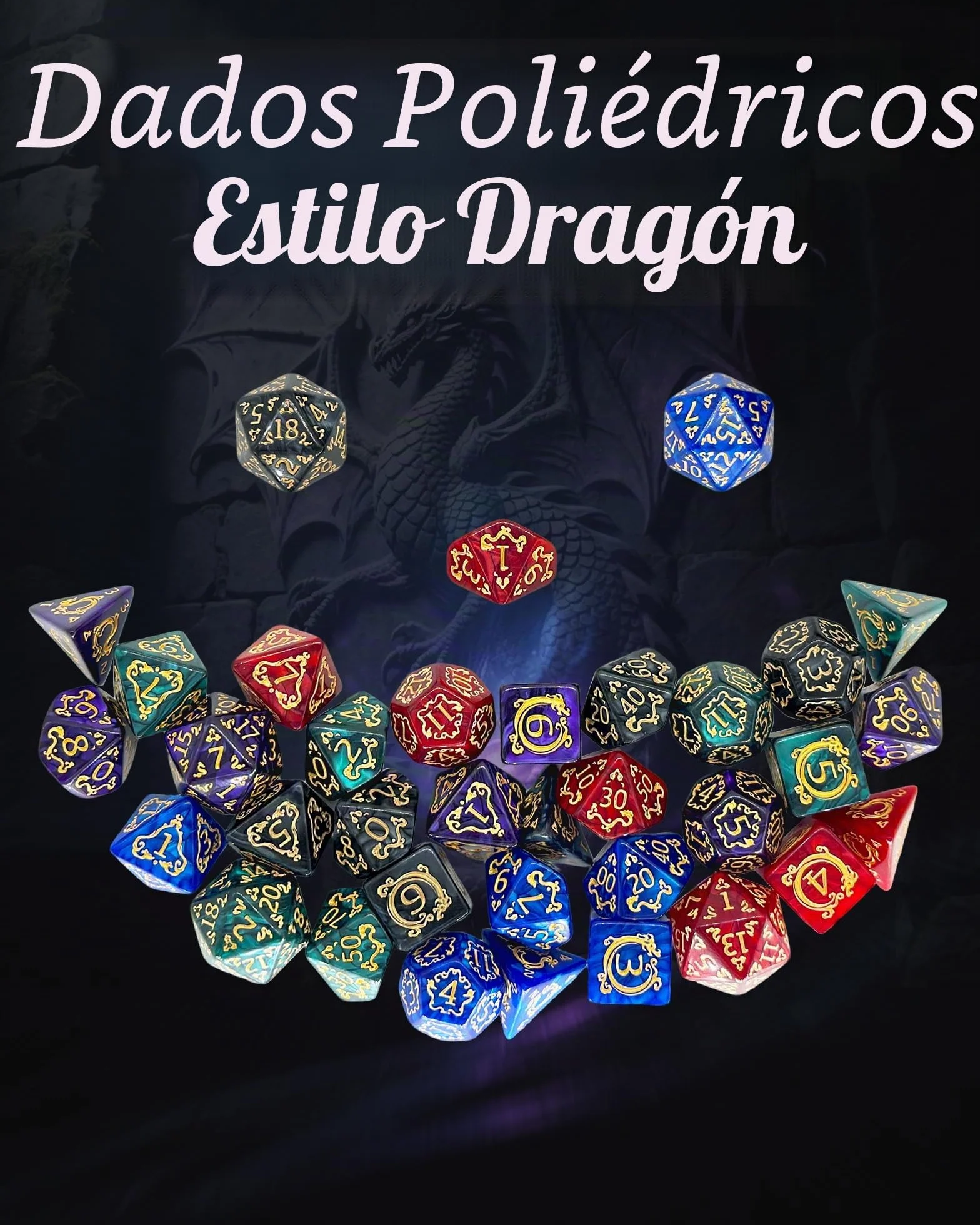 Juego de Dados Poliédricos, 35 Piezas - 5 Sets de Dados de rol con 1 Bolsa para Dungeons and Dragons D&D RPG MTG Juegos de Mesa, Incluye D20, D12, D8, D6, D4, D10 (0-9) y D10 (00-90)