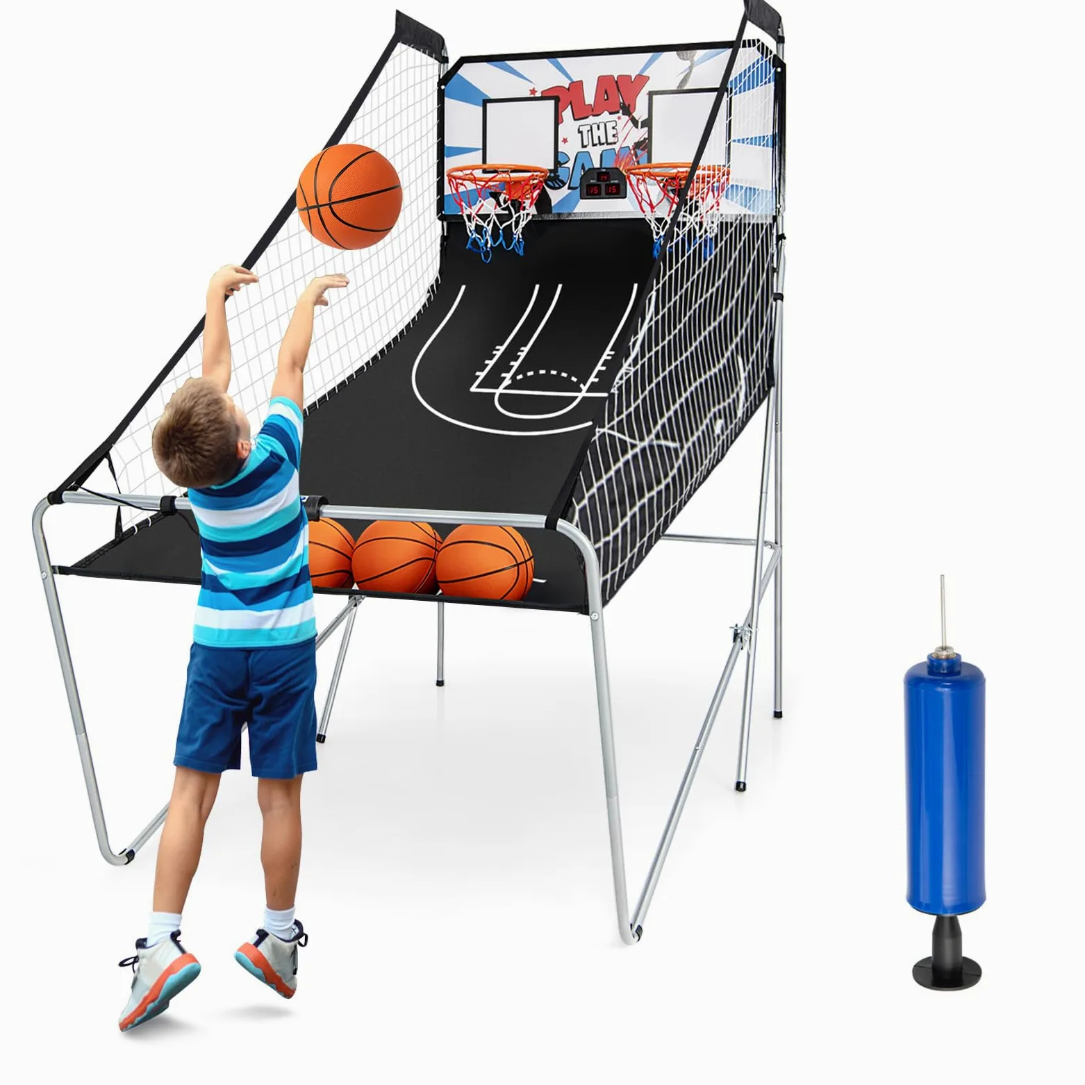 LIFEZEAL Juego de Baloncesto Plegable, Canasta de Baloncesto Doble con 8 Modos de Juego y Contador para 2 Personas, Máquina de Tiro con Red de Seguridad, 4 Pelotas, 1 Bomba (Blanco)