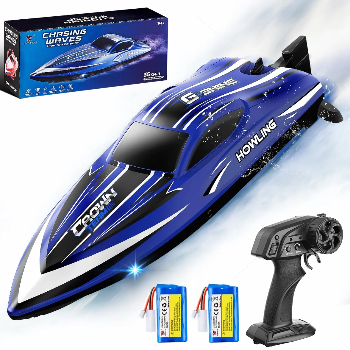 Barco teledirigido RC 35 km/h,barco de control remoto rápido e impermeable 2.4GHz,LED, Función de volteo,alarma de batería y alcance,2 baterías ,para niños y adultos, piscina y lago,Regalos divertidos