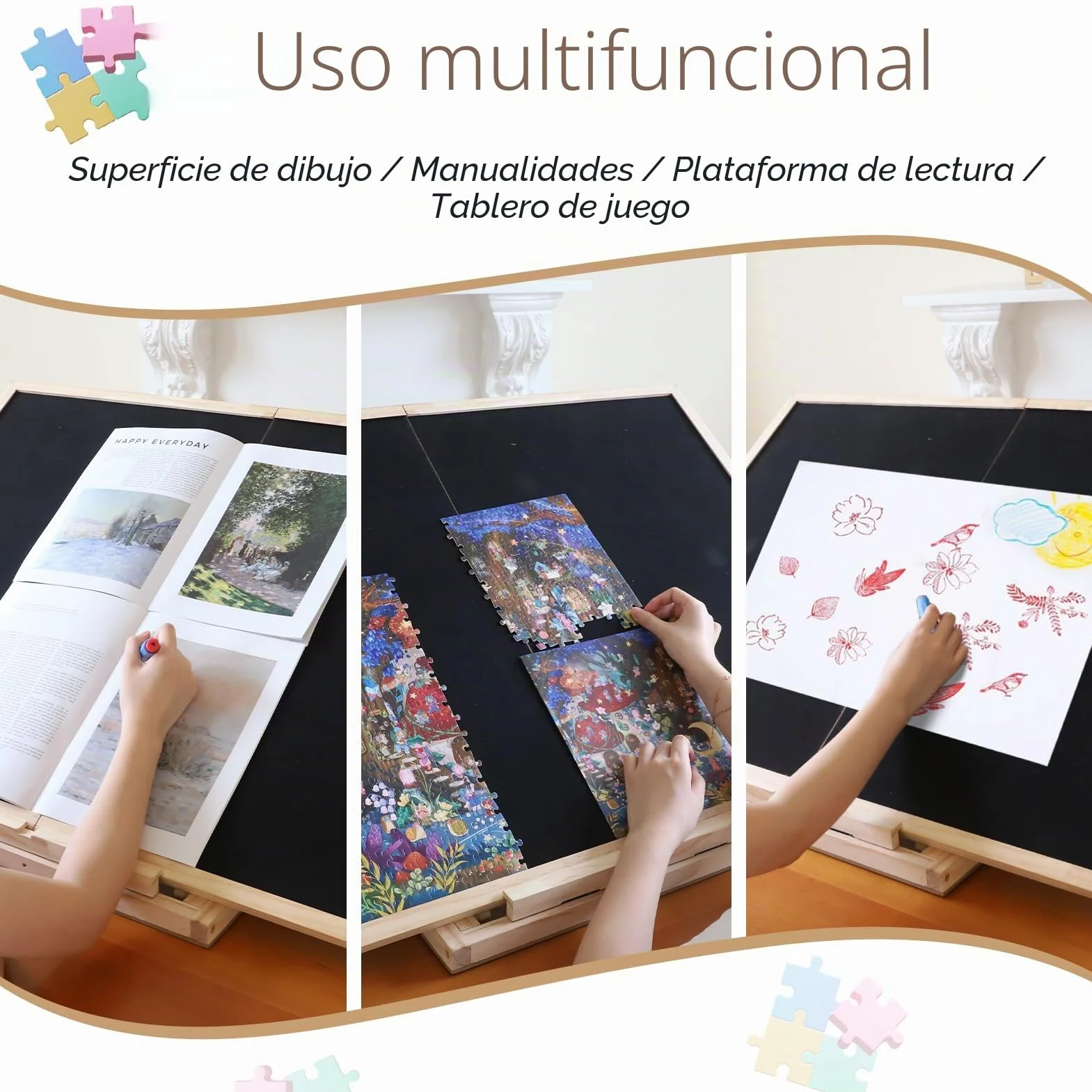 Wdmiya Tablero para Puzzle Plegable de 1500 Piezas, Puzzle Board Giratorio con Soporte y Cubierta 2 en 1, Tablero de Rompecabezas Antideslizante con 4 Cajas, Puzzles Board Portátil para Adultos