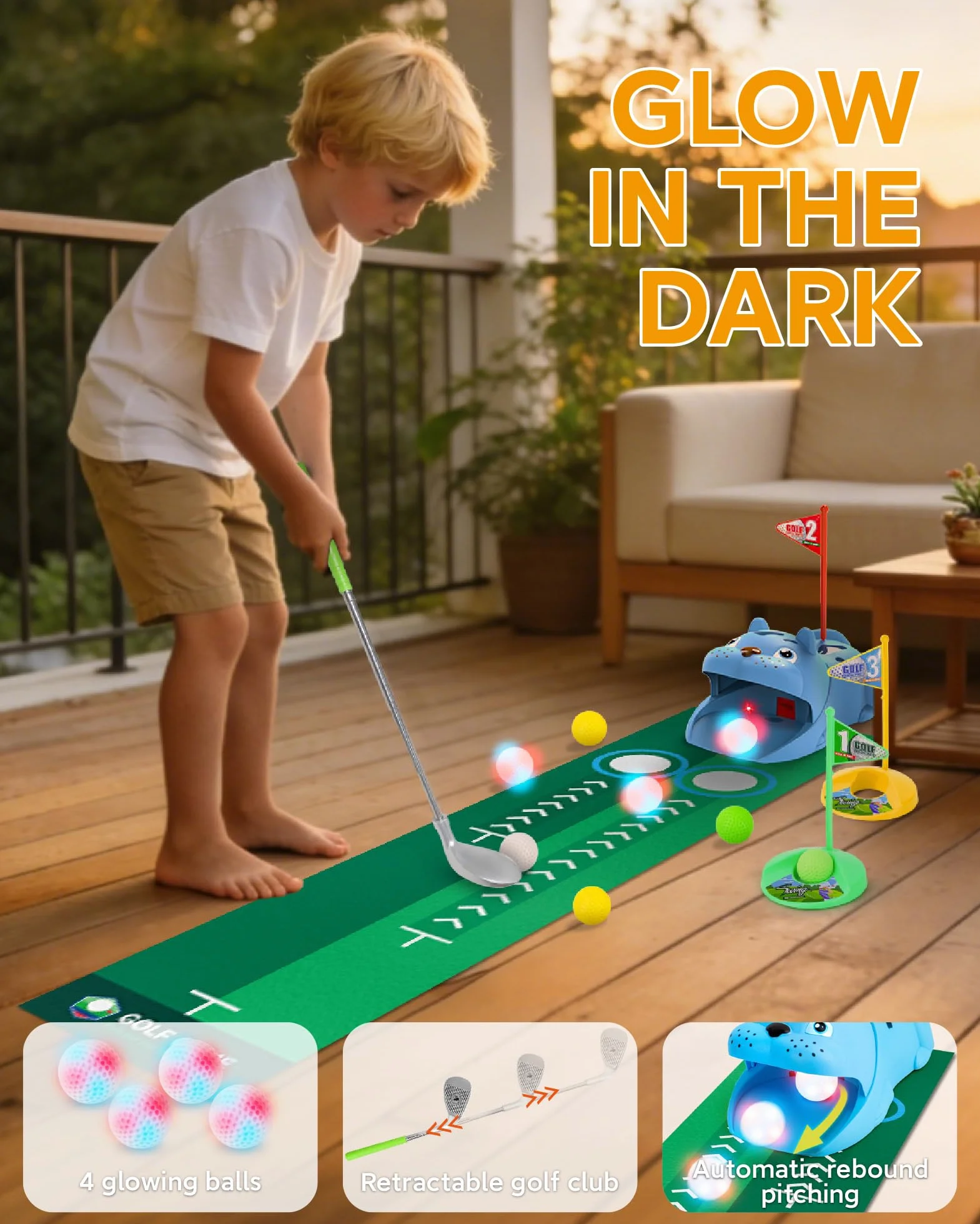 Set de Mini Golf para Niños con Devolvedor Automático de Bolas, Juegos de Golf Interior y Exterior con Pelotas Noctilucent Luminosa LED, 3 Palos Telescópicos, Regalo para Niños y Niñas desde 3 Años
