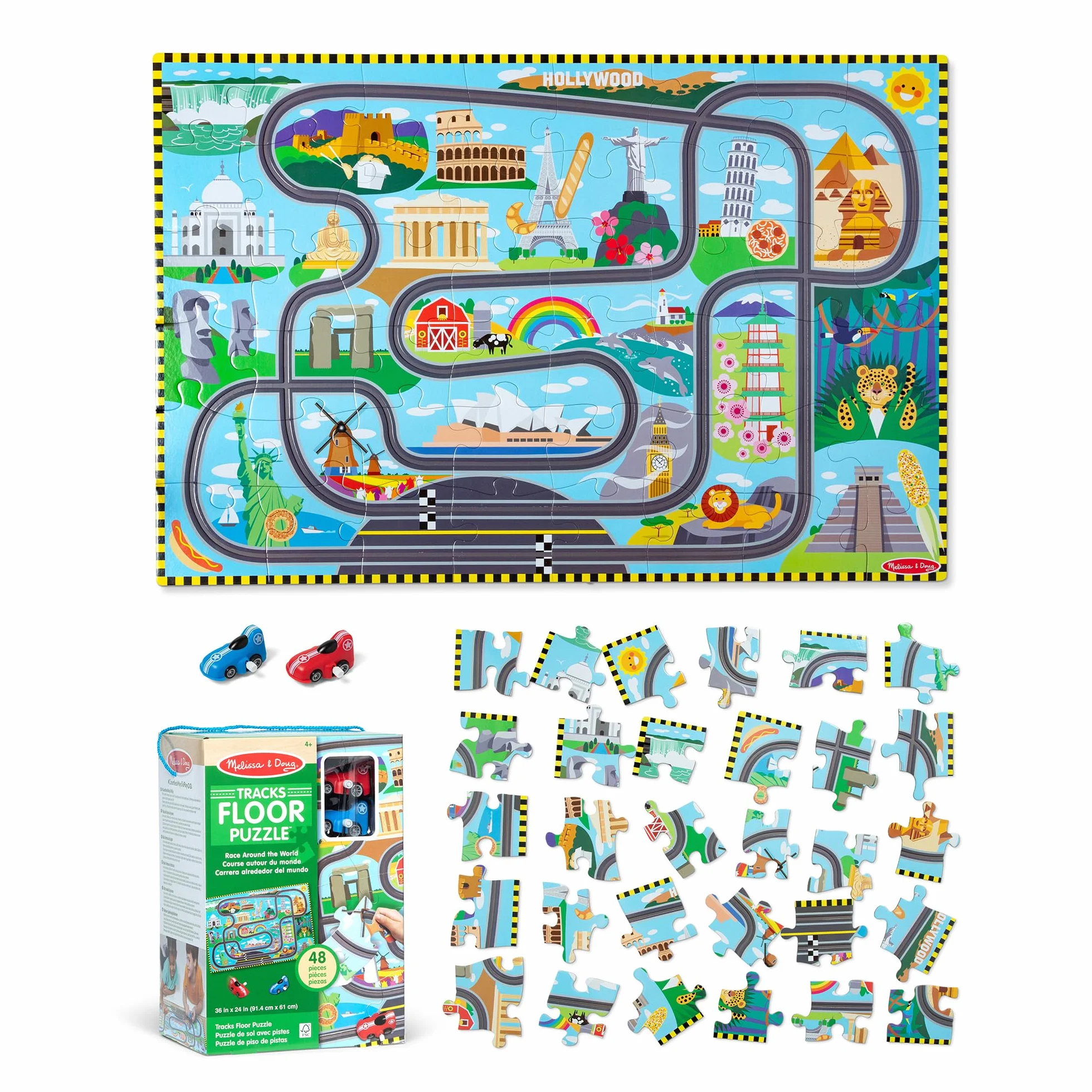 Melissa & Doug Puzzle de Piso de cartón Pistas de Carreras Alrededor del Mundo y vehículos de Cuerda – 48 Piezas, para niños y niñas a Partir de 3 años - Certificados FSC