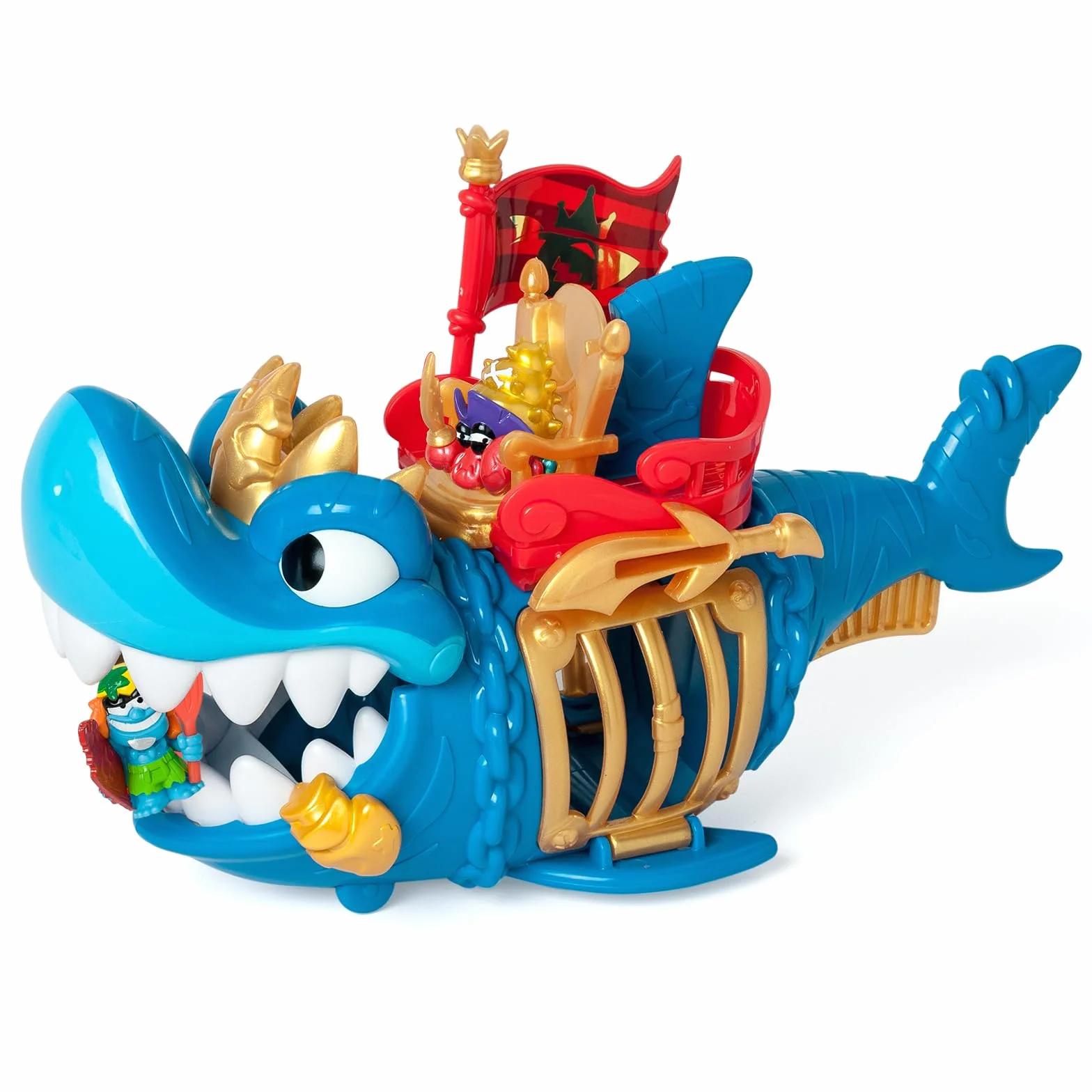 PIRATIX Adventure World King Shark Tiburón articulado con Jaula para capturar Piratix rivales Incluye tiburón Tesoro Exclusivo Piratix Exclusivo y Accesorio
