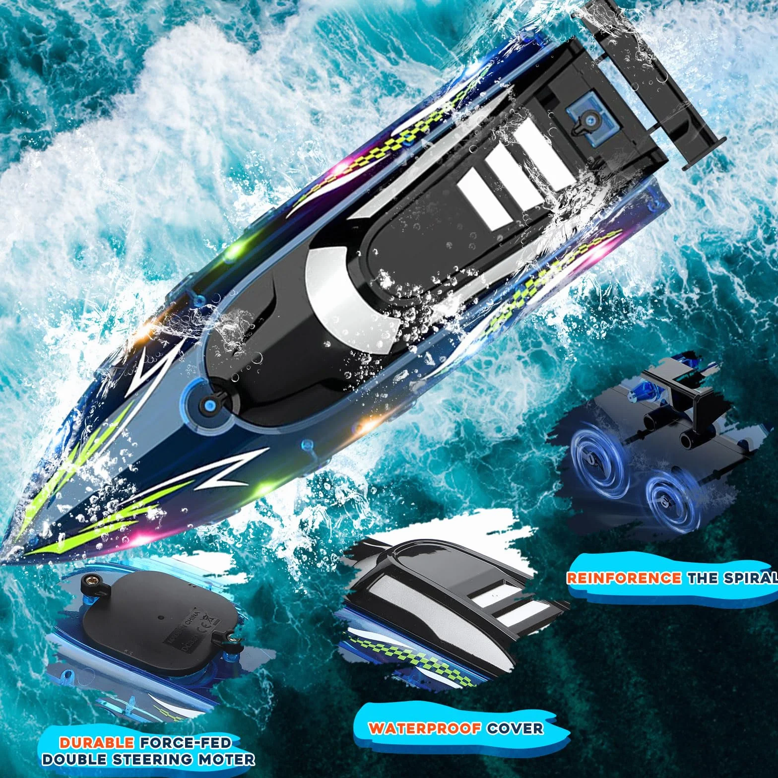 Barco de Control Remoto, 2.4 GHz Barco eléctrico Impermeable de Alta Velocidad con 2 baterías Recargables y luz LED Barcos eléctrico inalámbrico Ship de Carreras para niños Adultos (Blue)