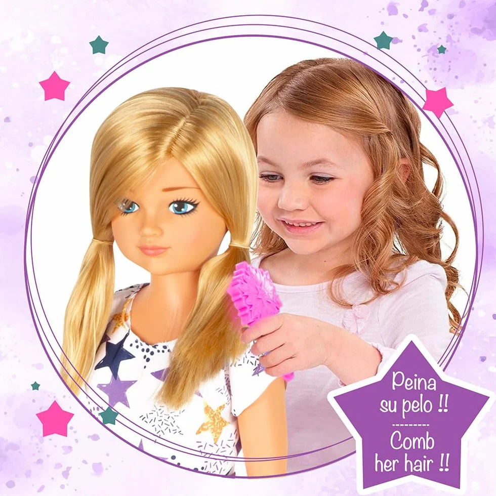 ColorBaby - Muñeca María Grande articulada, 85 cm, Pelo Rubio y Largo, para peinar, Piernas y Brazos articulados, Vestido Estrellas, Ropa con Velcro, Juguetes niños 3 años (47699)