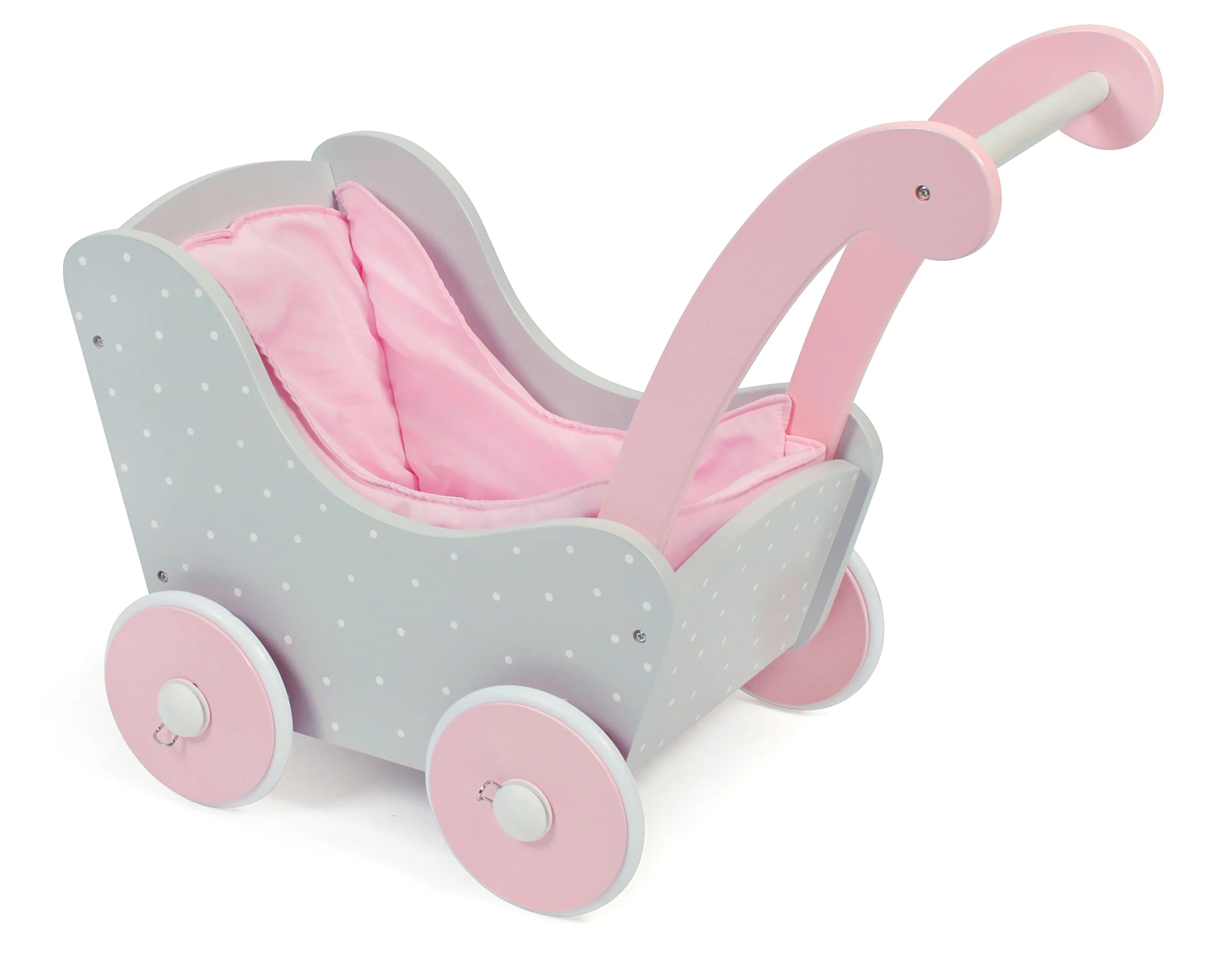 Cochecito de Madera para muñecas de bebé de hasta 54 cm, Carrito de muñecas de Madera, Altura de Empuje 43 cm, Puntos Grey