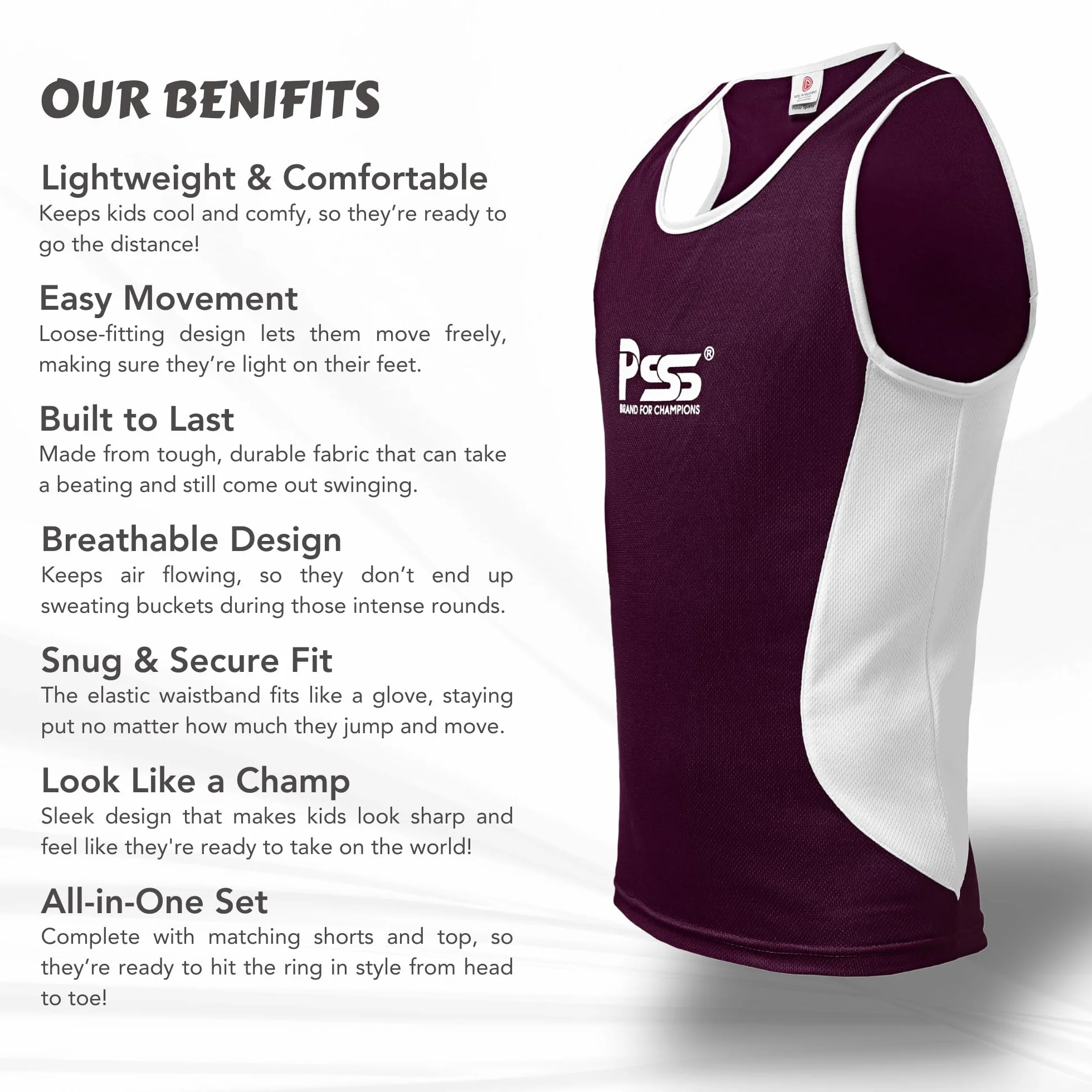 PSS Ultimate Uniforme de boxeo para niños Juego de 2 piezas Ligero Transpirable