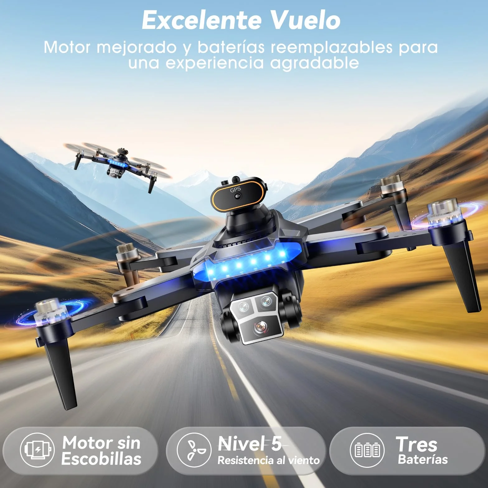 Dron con Cámara 4K GPS Motor Sin Escobillas 54 Min Vuelo 3 Baterías Plegable <249g Negro