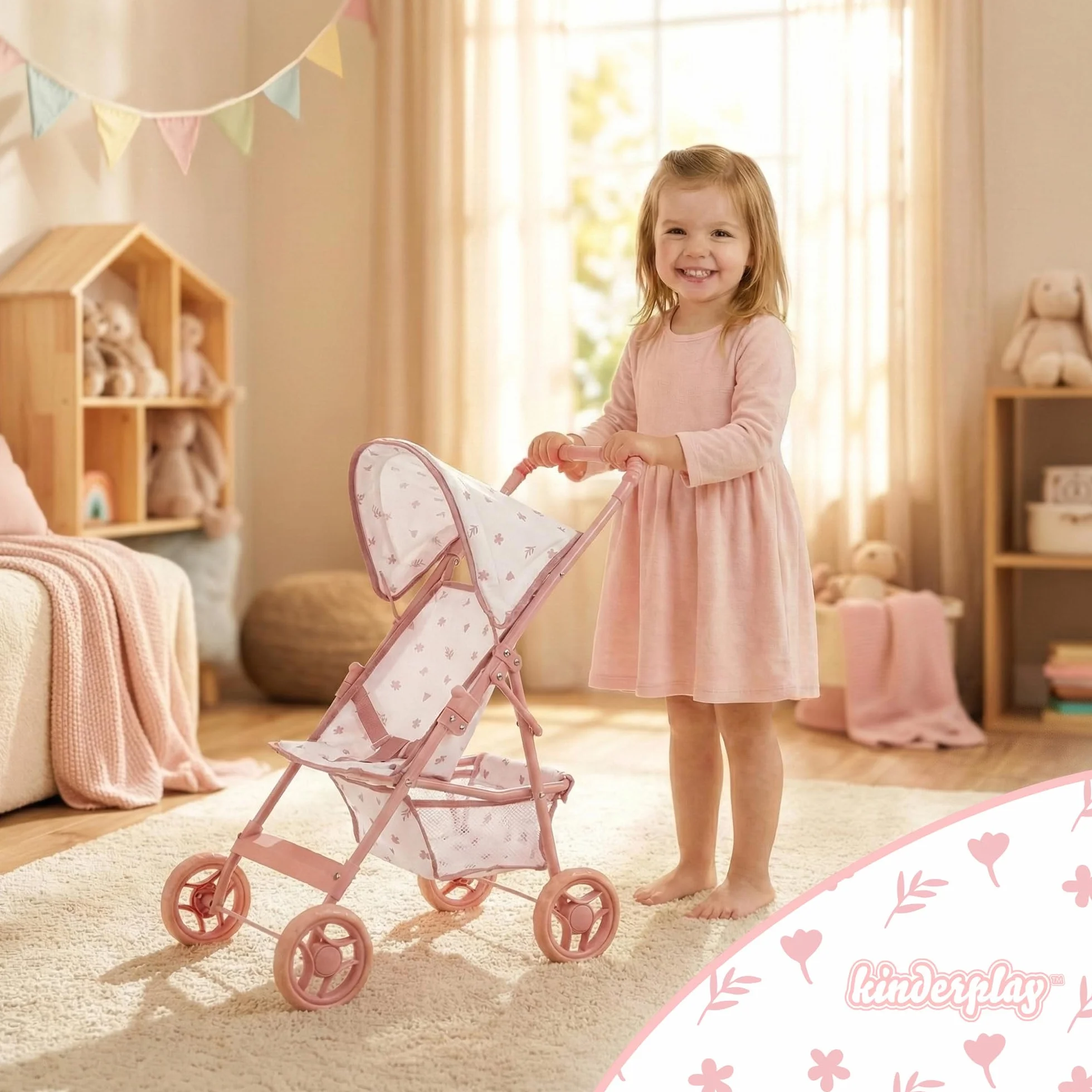 Kinderplay Cochecito de muñecas a Partir de 3 años: Cochecito Plegable Ligero para niñas con Ruedas EVA, cinturón y Visera – Cochecito de Juguete Rosa para muñecas