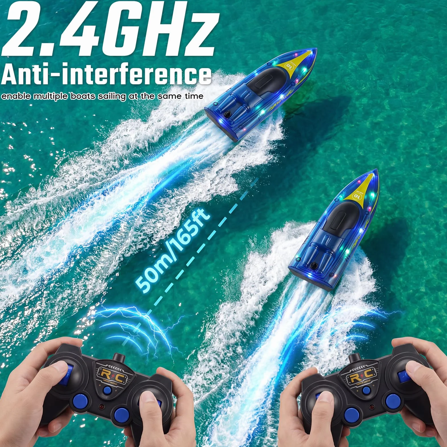 Barco Teledirigido, 2.4GHz Lancha Teledirigida con Luces LED, 2 Baterías, 90+ Mins, Alerta de batería baja, 15KM/H Barco RC para Piscinas Lagos, Juguete acuático para Adultos, niños de 14 años arriba