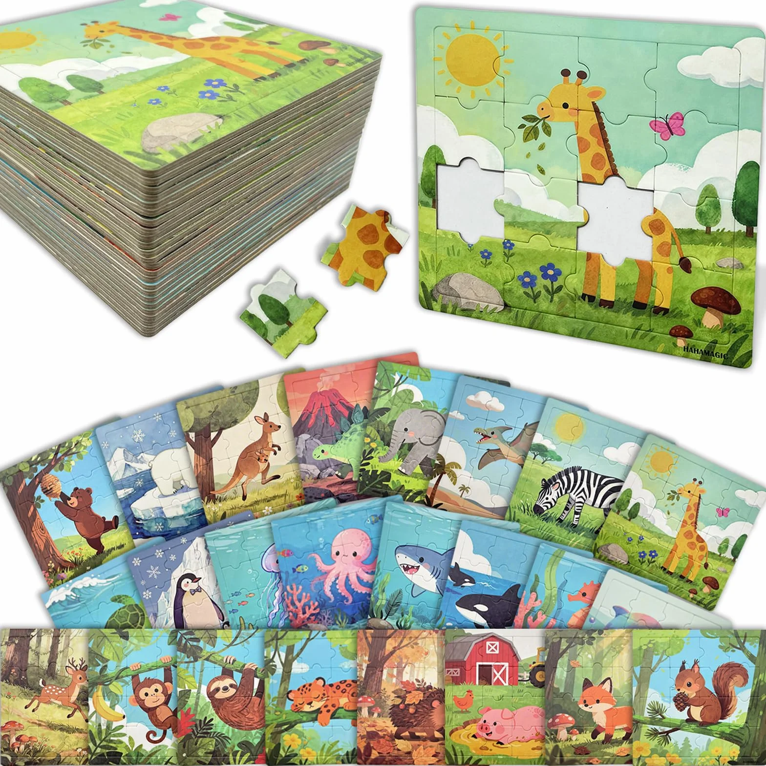 Puzzles para Niños, Pack 24 Puzzles 16 Piezas con Base, Puzzle Animal Envuelto Individualmente Juguete Educativo Regalos Fiesta Cumpleaños