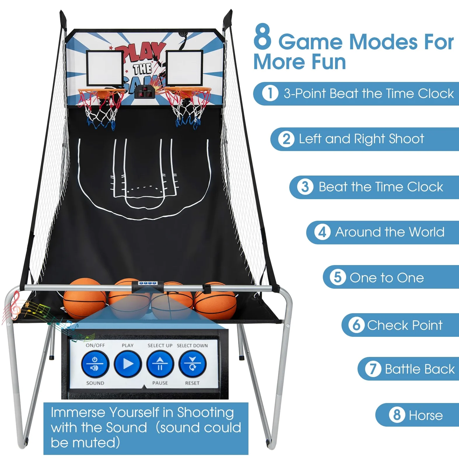 LIFEZEAL Juego de Baloncesto Plegable, Canasta de Baloncesto Doble con 8 Modos de Juego y Contador para 2 Personas, Máquina de Tiro con Red de Seguridad, 4 Pelotas, 1 Bomba (Blanco)