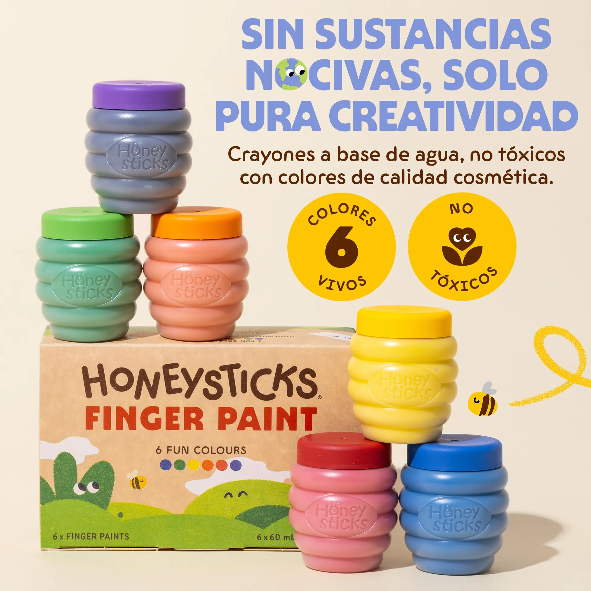 Honeysticks Pintura de Dedos para Niños y Bebés No Tóxica – Pinturas para Bebés y Niños de 1 a 5 Años a Base de Agua en 6 Colores Vivos - Seguras y Lavables de la Piel – Ecológica