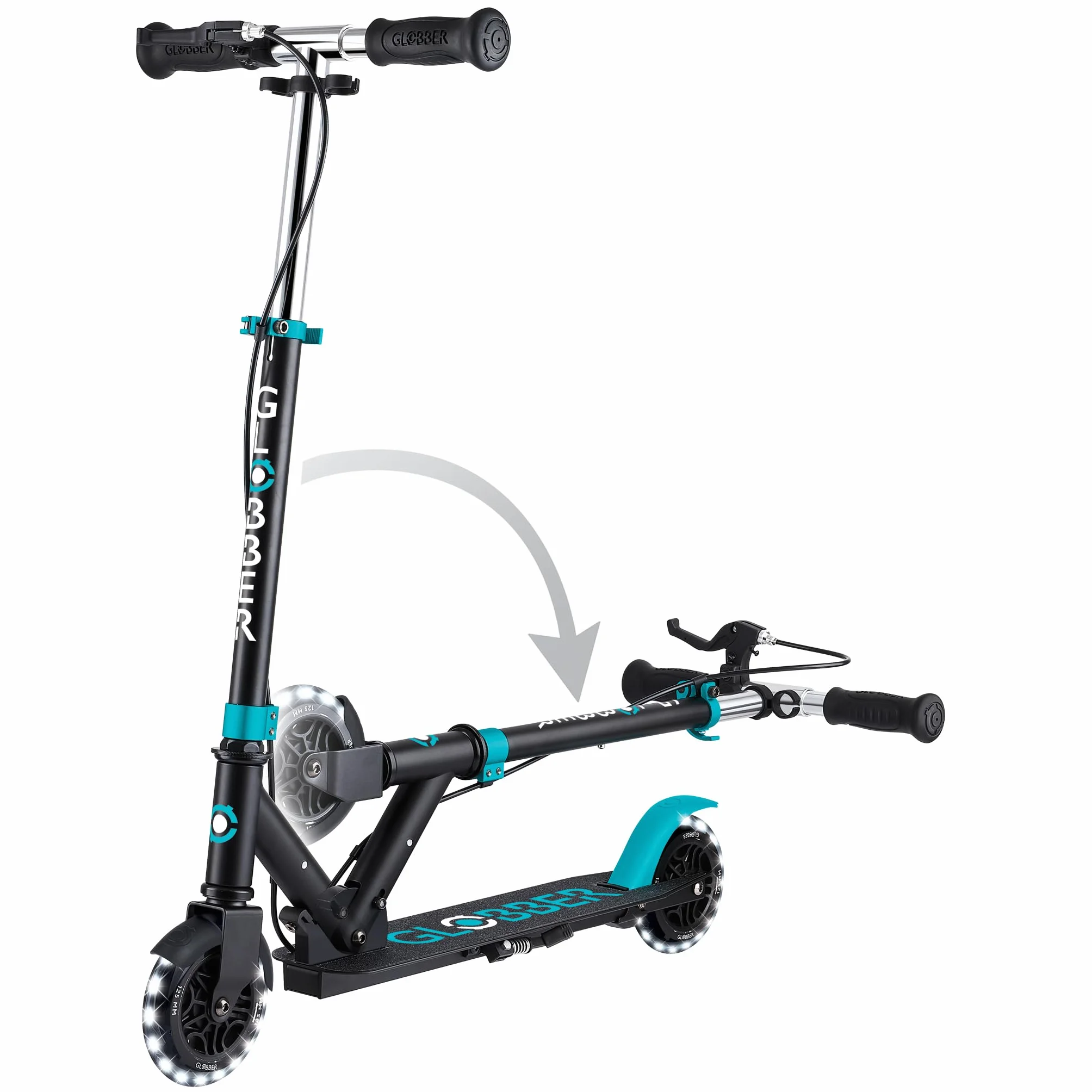Globber - Flow Element Junior Lights - Patinete Plegable de 2 Ruedas con Freno Trasero, Manillar Ajustable y Luces LED, para niños Desde los 4 años - Azul Turquesa