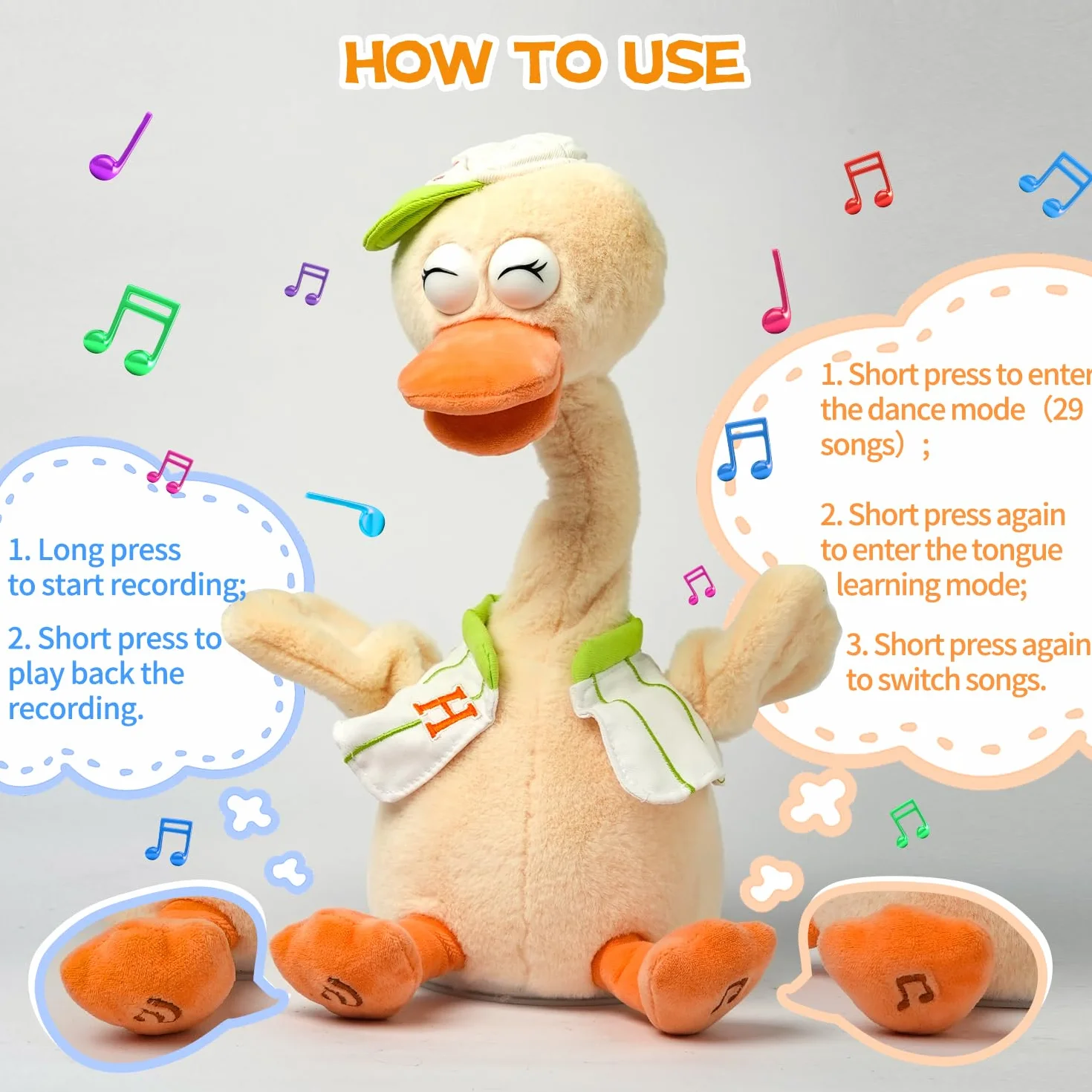 Pato de peluche, cuello de pato estirado, sonido de canto y graznido de pato, juguetes educativos interactivos de animales de peluche de diseño lindo para niños, desarrollo de la inteligencia musical
