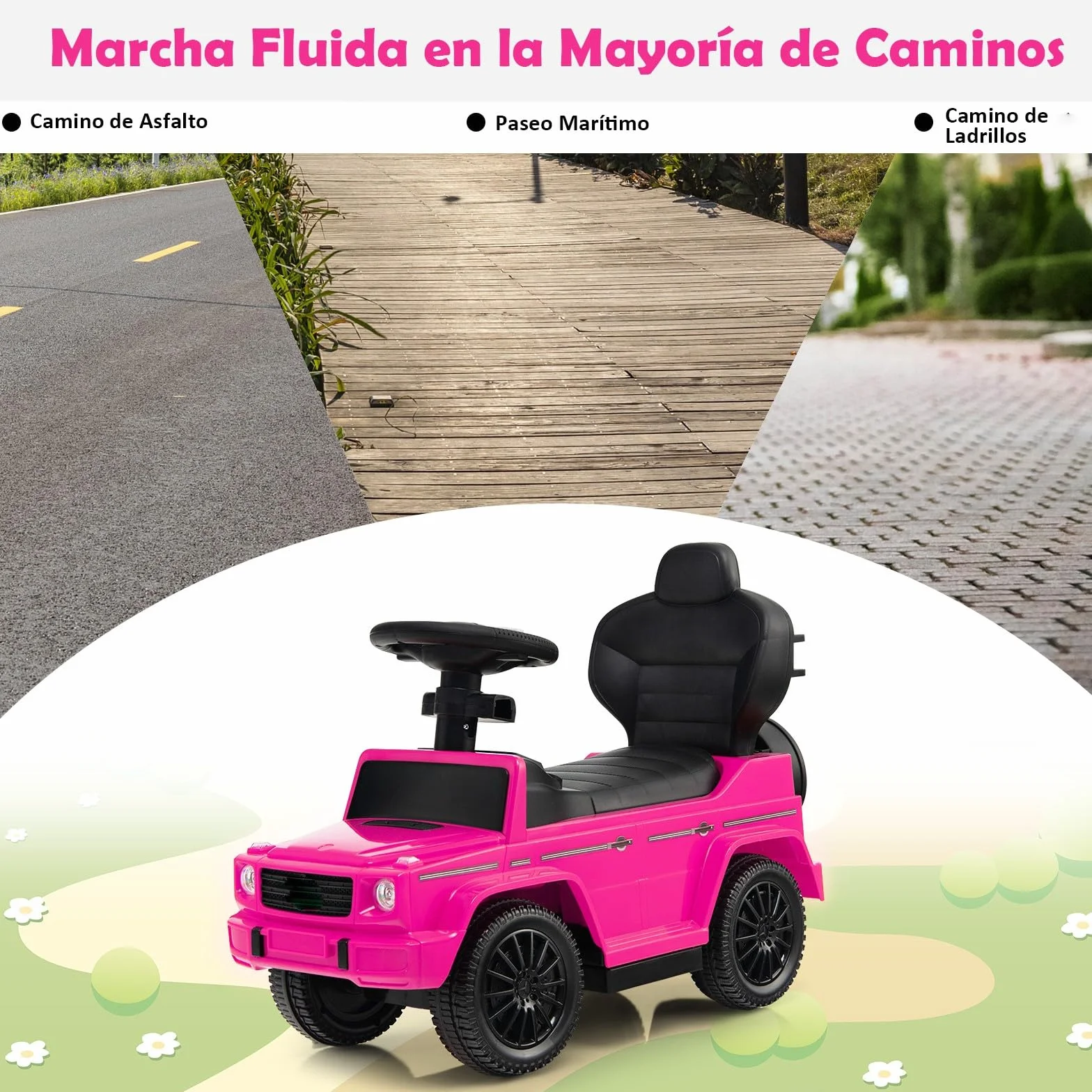 COSTWAY 3 en 1 Coche Correpasillos para Niños, Coche de Paseo Infantil Mercedes Benz con Toldo Ajustable, Manija para Padres, Barandilla para Apoyabrazos, Sonido del Motor y Bocina (Rosa)