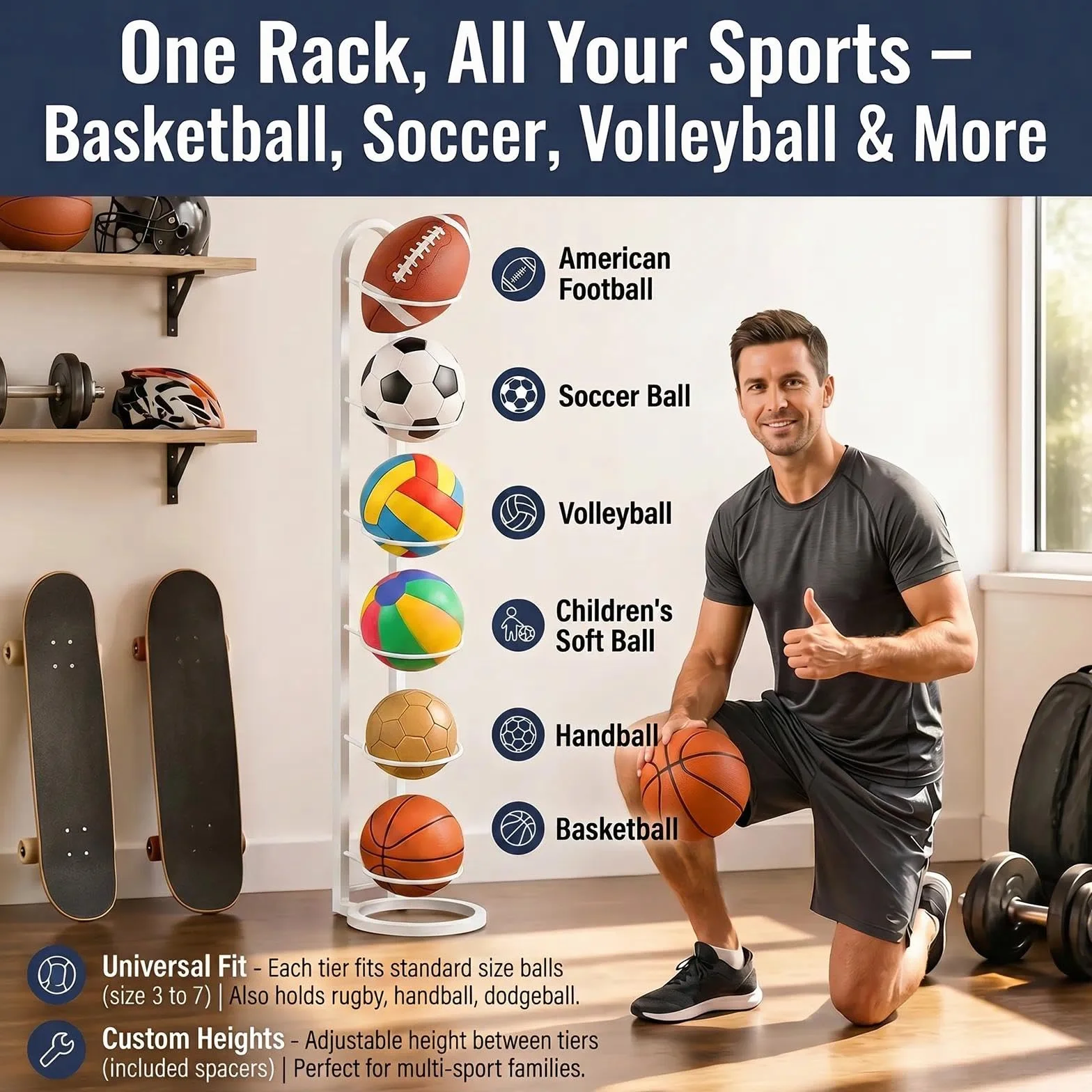 Estante de Almacenamiento de Pelotas de 6 Niveles, Soporte Vertical Extraíble para Baloncesto Fútbol Rugby Voleibol