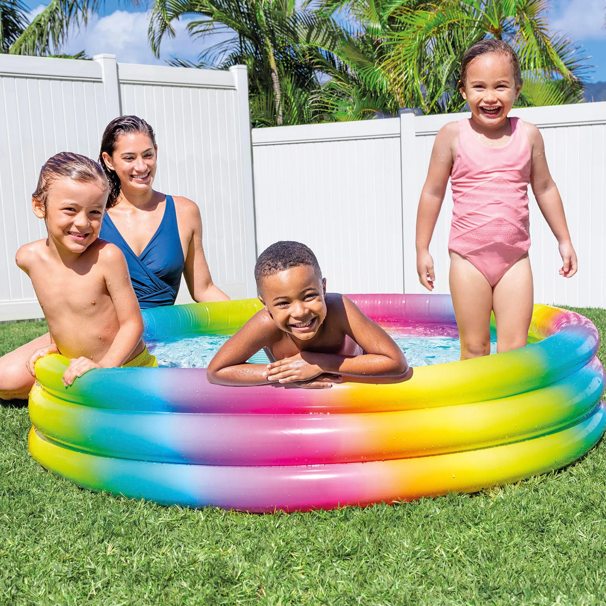 Intex Piscina Hinchable Infantil, 147x33 cm, 330 litros, diseño arcoíris, 3 cámaras de Aire con Doble válvula, Vinilo Resistente, Uso Exterior, Incluye Parche de reparación, niños +2 años (58439)