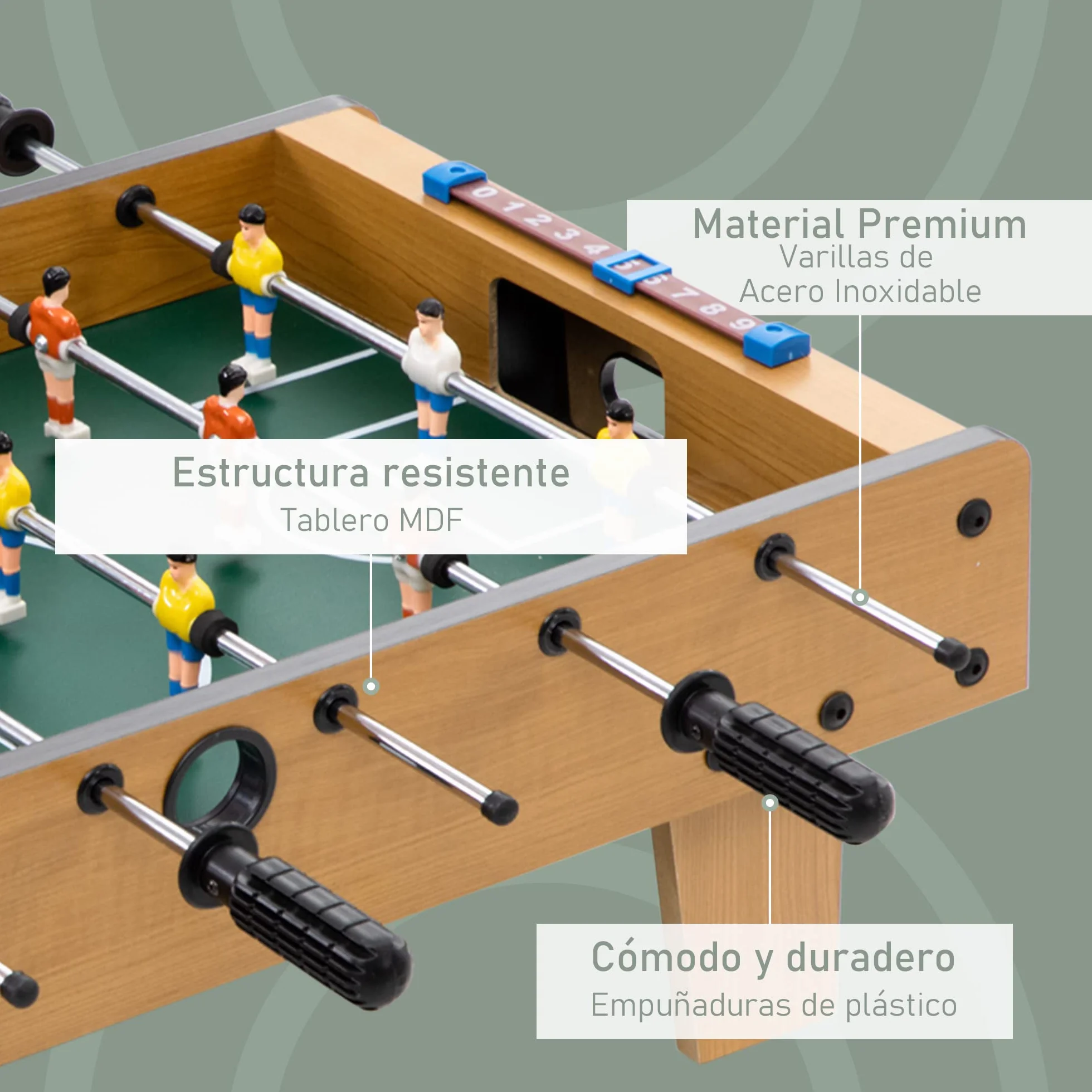 HOMCOM Futbolín de Mesa, Cuerpo Madera Resistente, Juego Mesa de Fútbol con 18 Jugadores, 2 Bolas, 6 Asas y 2 Marcadores de Puntos para 2-4 Personas, 70x37x22 cm, para Niños de 6+ Años y Adultos
