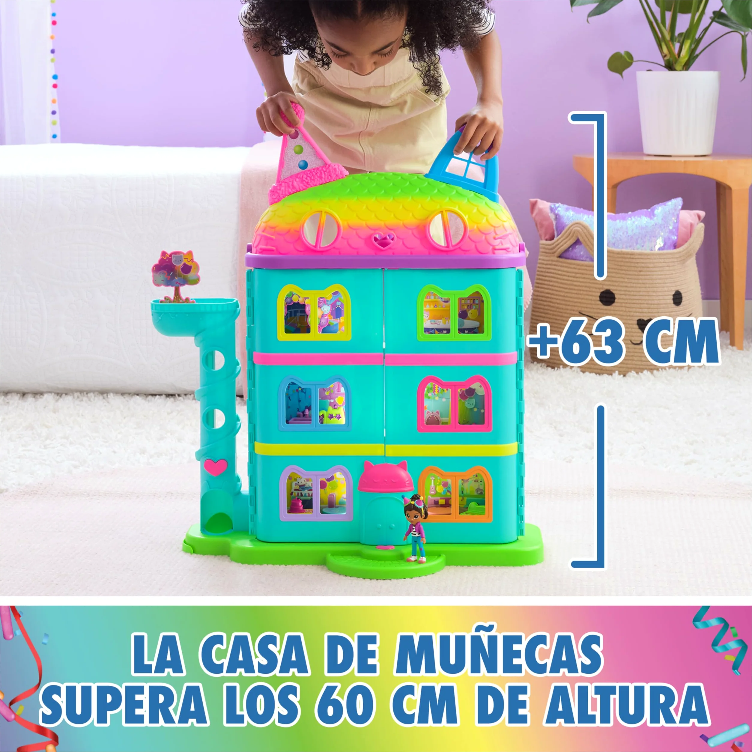 LA CASA DE MUÑECAS DE GABBY - CASA DE MUÑECAS FESTIVA GABBY'S DOLLHOUSE CON SONIDOS, FIGURA, 14 ACCESORIOS ARCOIRIS Y 2 CAJAS SORPRESA - 6070742 - Juegos Infantiles - Juguetes Niños 3 años +