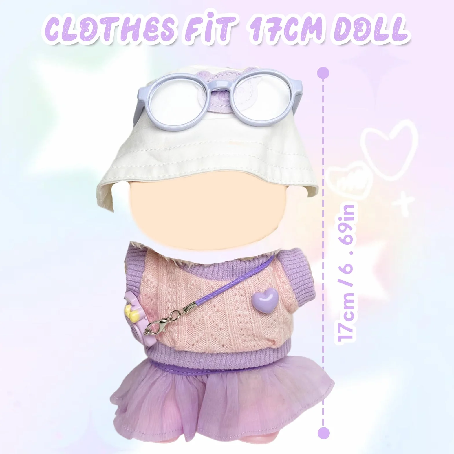 6 Piezas de Ropa para muñecas de 17 cm, Camiseta con tutú de corazón, Sombrero, Gafas, Colgante de cámara, 1 par de Zapatos para la Mini muñeca de Peluche de 17 cm, no incluida en el envío, Lila