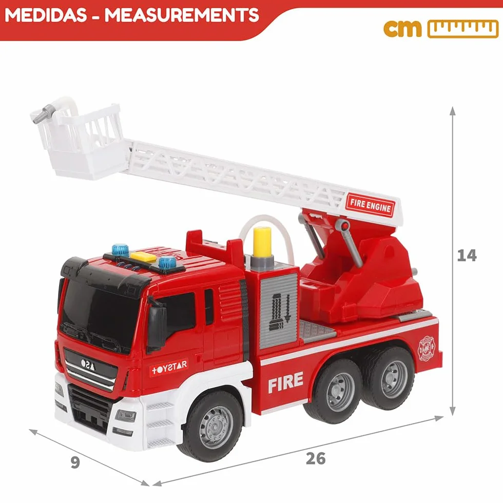 ColorBaby Speed & Go Camión Bomberos Juguete, con Luces y Sonidos, Grúa y Manguera interactivas, Agua de Verdad, Sistema de fricción, Escala 1:14, Rescate, para niños a Partir de 3 años (39063)