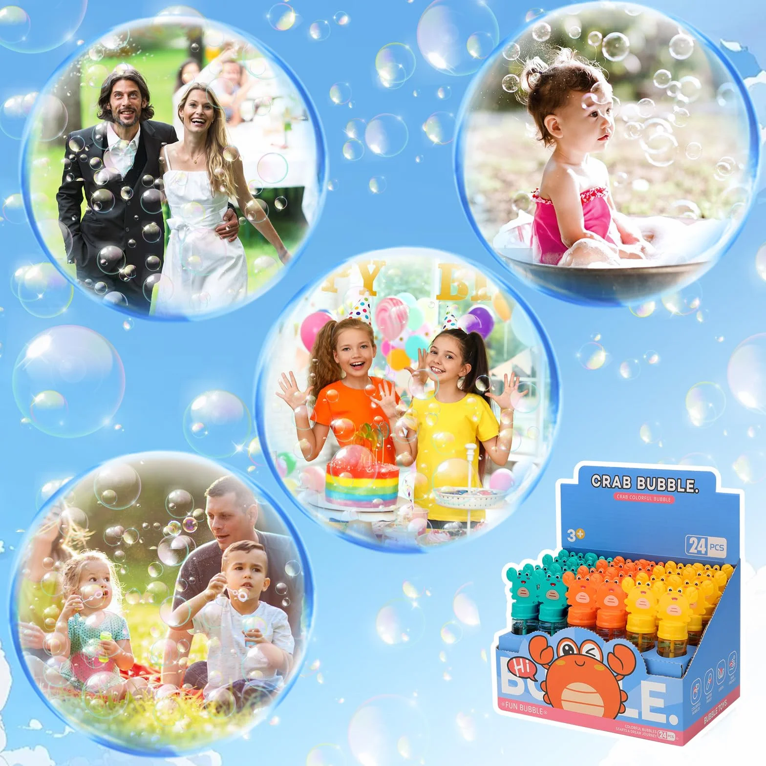 deAO 24 Piezas Pomperos de Jabón, Pomperos para Niños, Burbujas Niños, 3 Colores Varitas, Tubos para Crear Burbujas de Jabon, 35ML Cangrejos Mini Burbujas Niños Cumpleaños Set (Cangrejos)