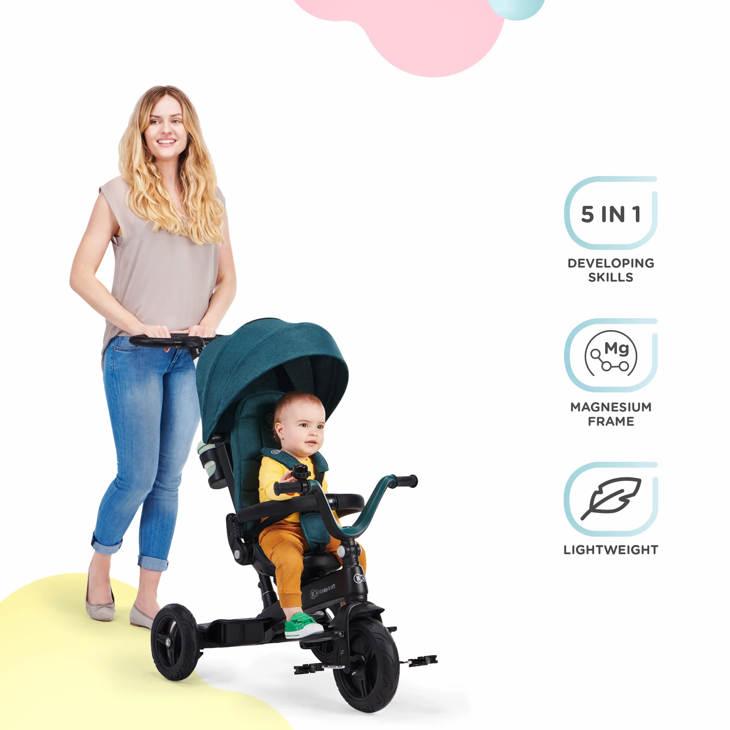 Kinderkraft Triciclo Evolutivo TWIPPER, Asiento Giratorio 360 Grados, 9 Meses a 5 Años, Rosa