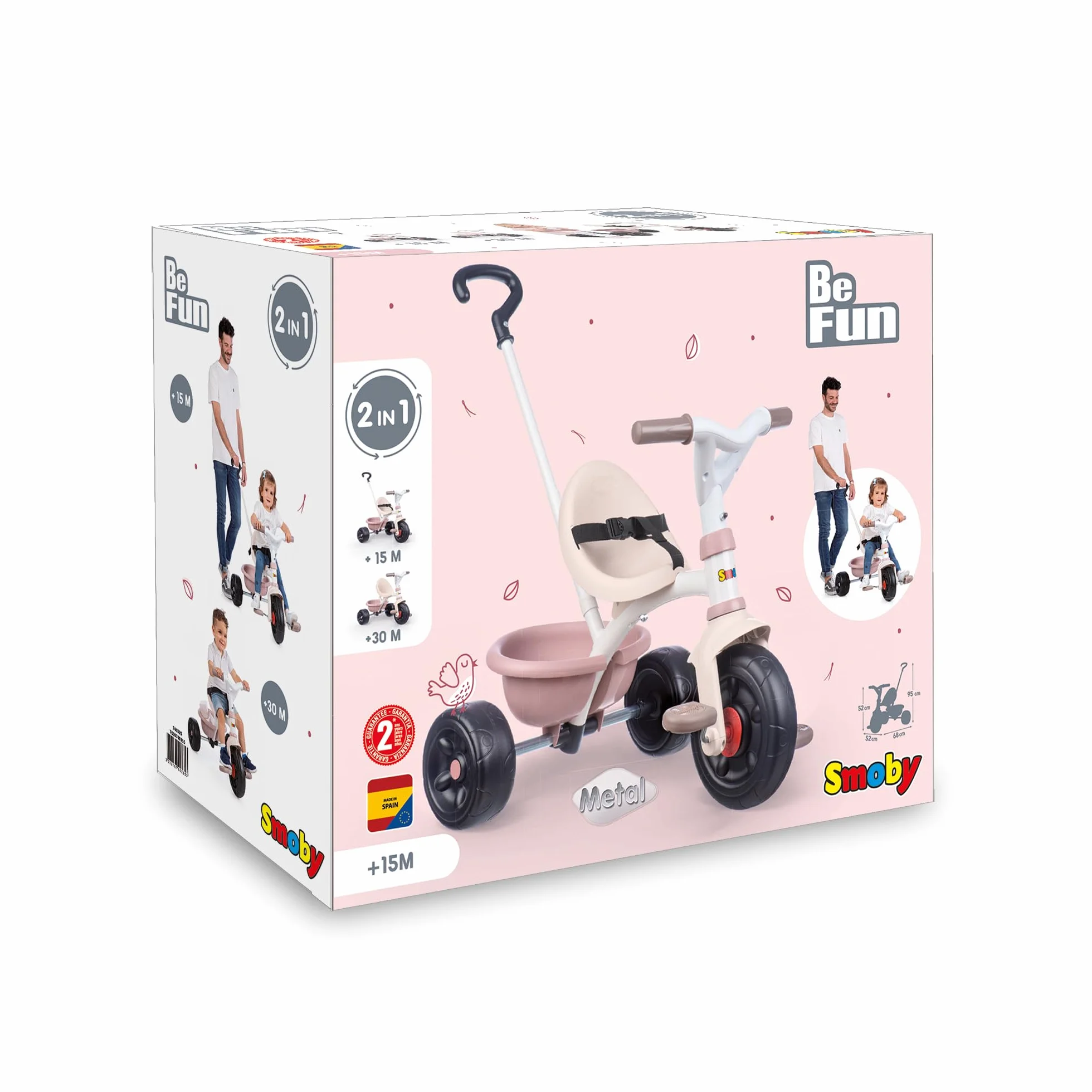 Smoby - Triciclo Evolutivo Be Fun Rosa, Sillín Regulable, Bloqueo de Dirección, Cinturón de Seguridad, Volquete Trasero, Barra Parental Regulable (7600740335)