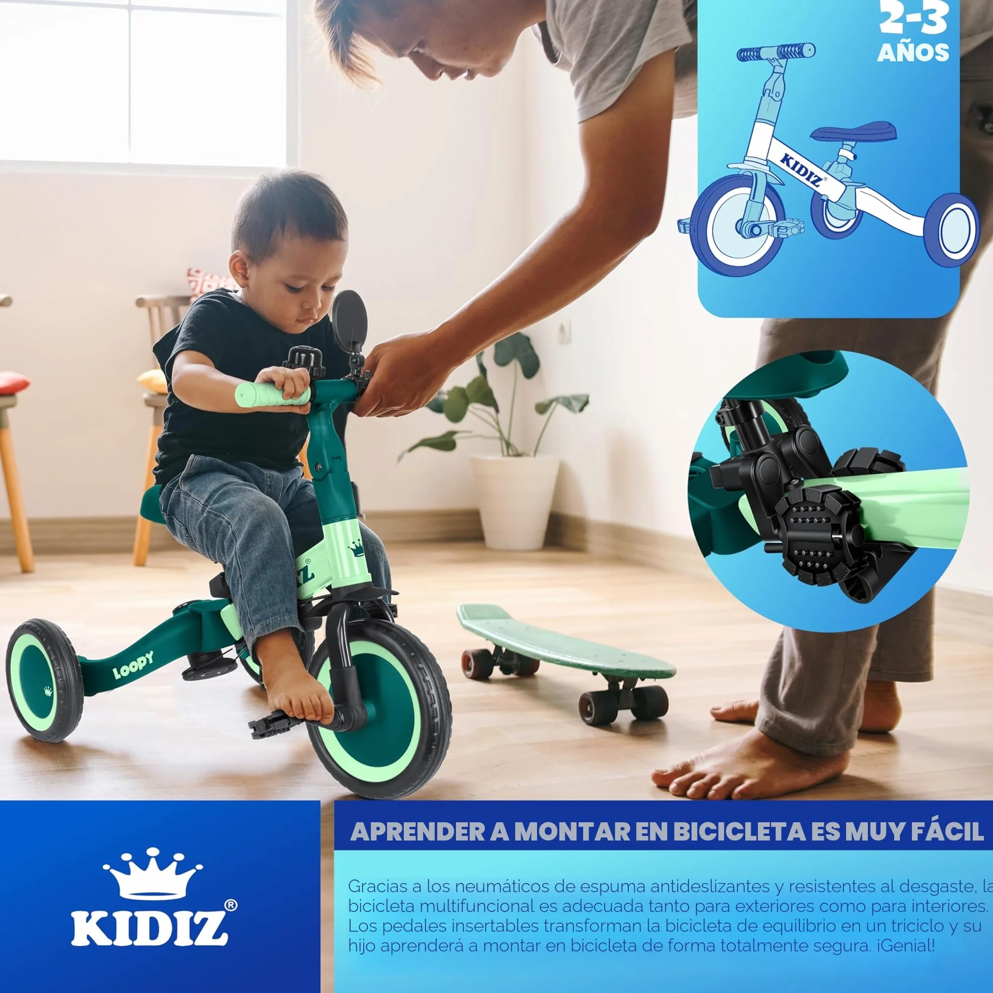 KIDIZ® 6en1 Bicicleta de Balance, Triciclo para niños de 1 año a 5 Años, Capacidad de Carga hasta 25kg, Incl. Manillar/Barra de Seguridad/Cinturón de Seguridad/Timbre/Espejo