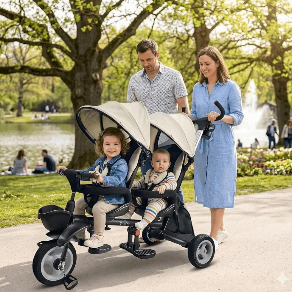 QPlay Triciclo Evolutivo Bebé para Dos | Triciclo para Gemelos o Mellizos, para Bebes Desde 10 Meses hasta los 36 Meses, Paseos en Familia