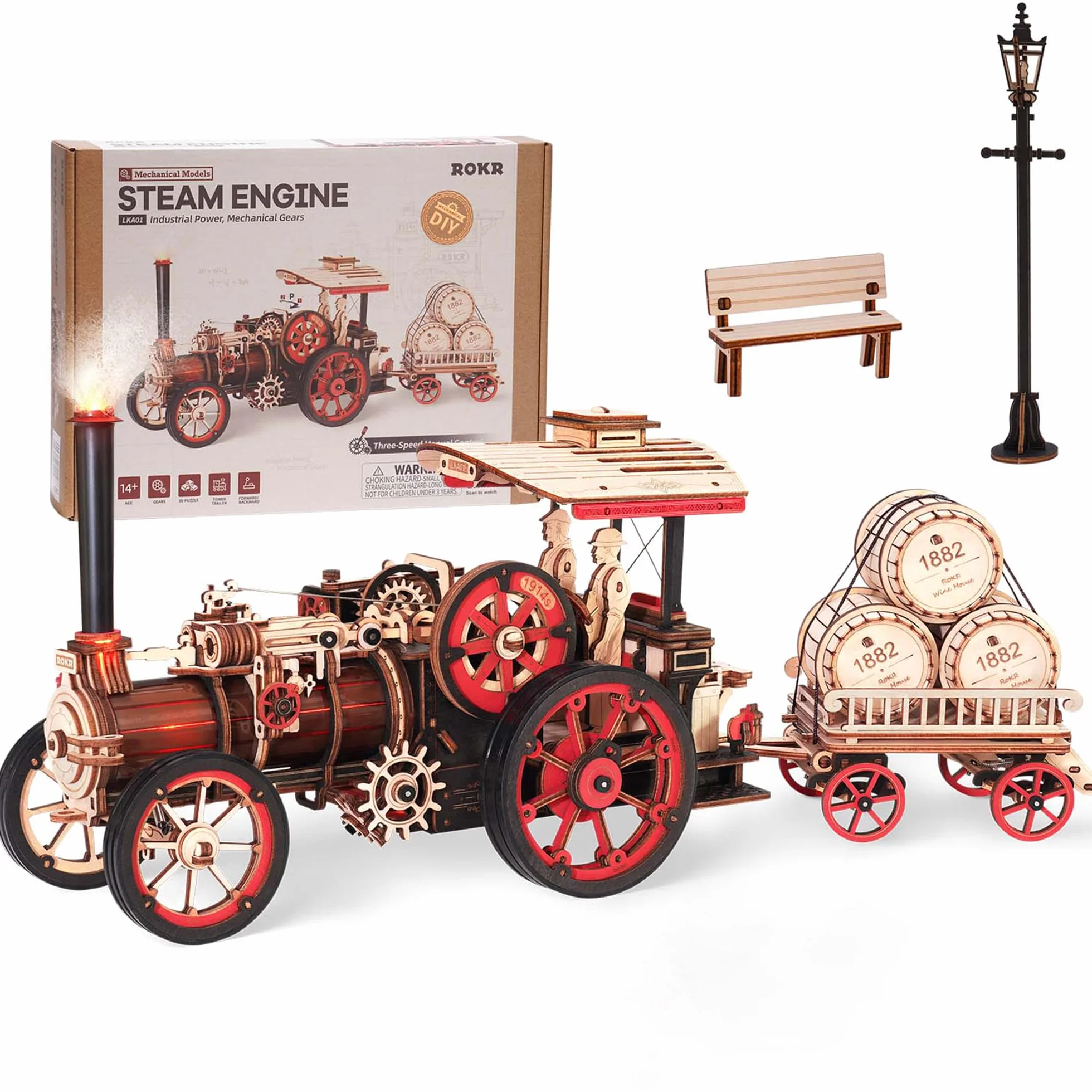 ROKR Puzzle 3D Madera Auto Maquetas para Construir Adultos, Kits de Modelos de Locomotoras de Vapor, Puzzle de madera para coche, 469 piezas, Steam Locomotive, LKA01