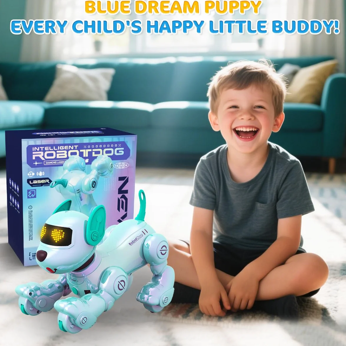 VATOS Perro Robot Recargable para Niños, Perro Robot con Control Remoto, Programable,17 Funciones Interactivas y Volumen Ajustable; Juguete de Cachorro Robot Que Canta y Baila, Regalo para Niños,Azul