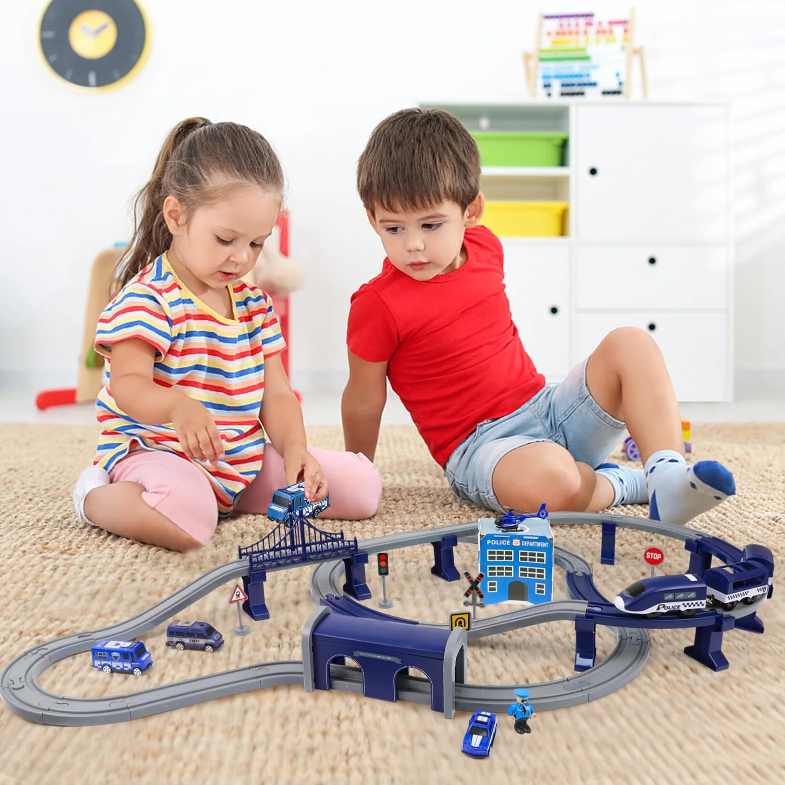 Wdmiya Tren Eléctrico para Niños, Tren Juguete con 92 Piezas, Vehículos de Construcción y Juego de Pistas Flexible, Regalo Niño para Navidad o Año Nuevo, Niños de 3 4 5 6 7 Años