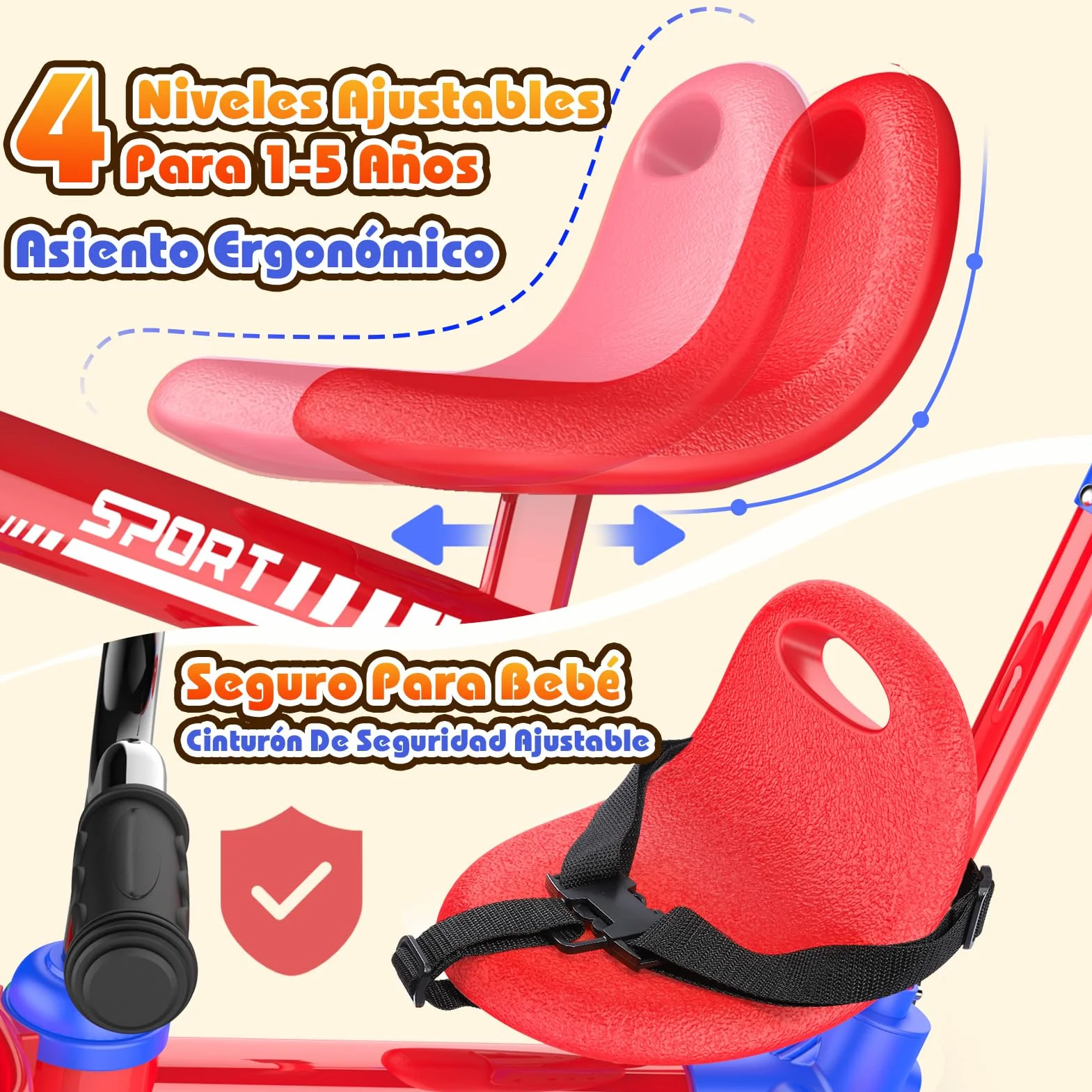 HappyGoLucky Triciclo 5 En 1 Evolutivo Bebe, Bici Bicicleta Niñas 1-3 Años-Ruedas Luminosas/Asa Parental/Asientos&Pedales Regulables