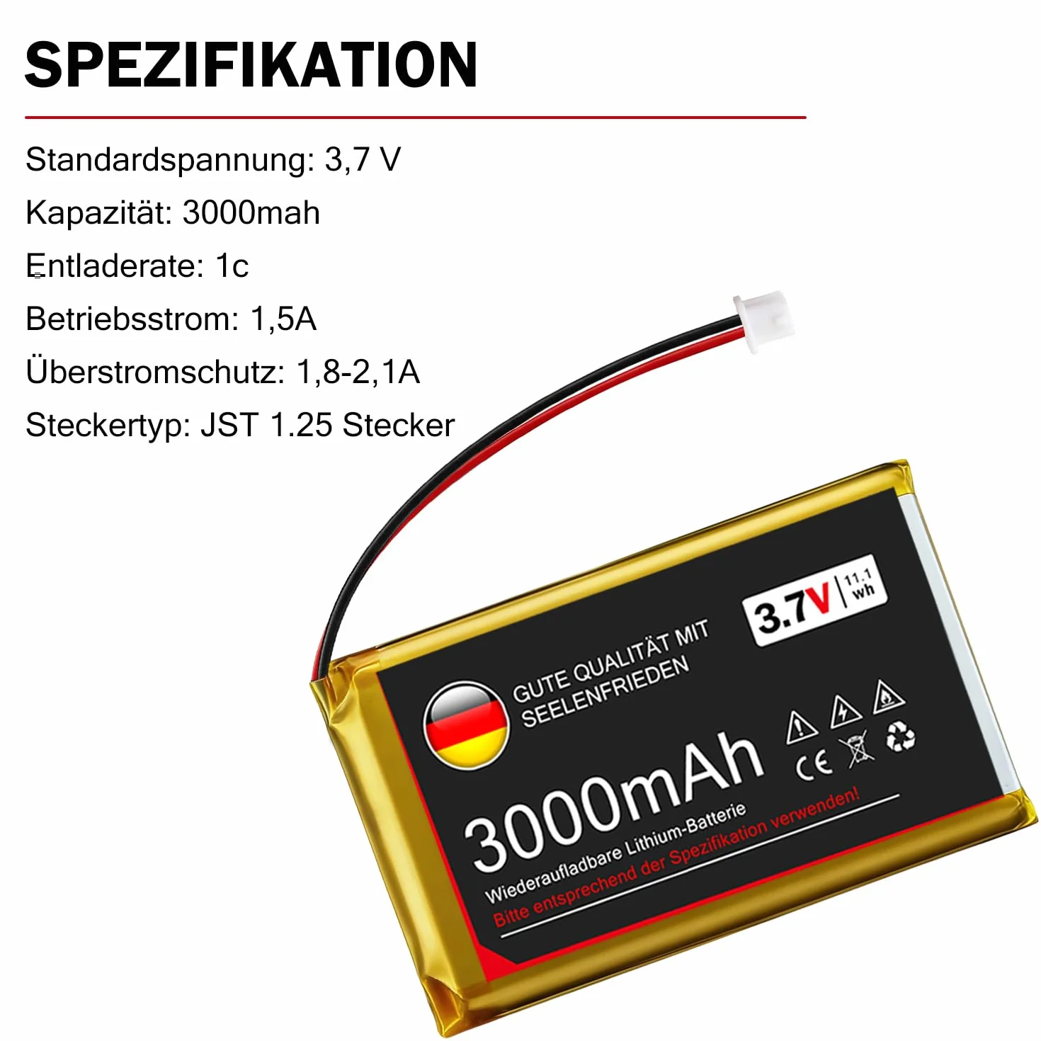 Batería de Litio de 3,7 V y 3000 mAh, 1S, 1C, LiPo con Placa de protección y Conector Micro JST 1.25 para Placa de Desarrollo Arduino Node MCU ESP32 (2 Piezas)