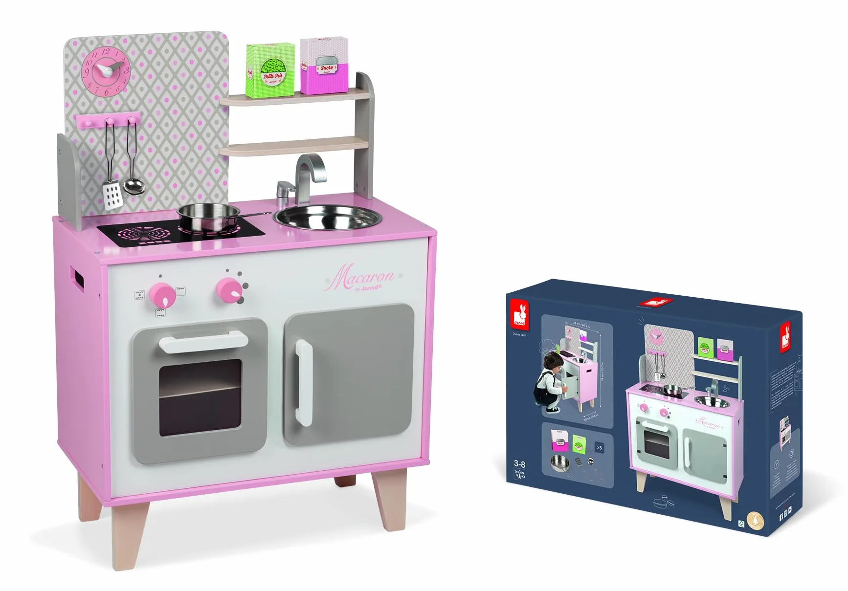 Janod - Cocina Infantil de Madera Macaron - Equipada con Nevera y Microondas - Con Sonidos - Imitación y Desarrollo - 5 Accesorios Incluidos - Desde 3 años, J06567, Rosa y Blanco