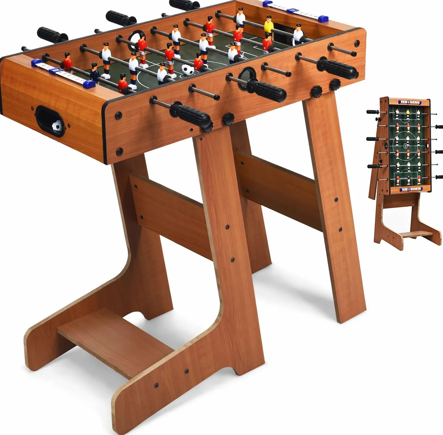 RELAX4LIFE Futbolín Plegable de Madera con Patas, 6 Asas, 18 Jugadores, 2 Balones y 2 Marcadores, Futbolín para Niños y Adultos, Juegos de Mesa para Dormitorio, Bar, Salón, Fiestas, 36x69x71cm