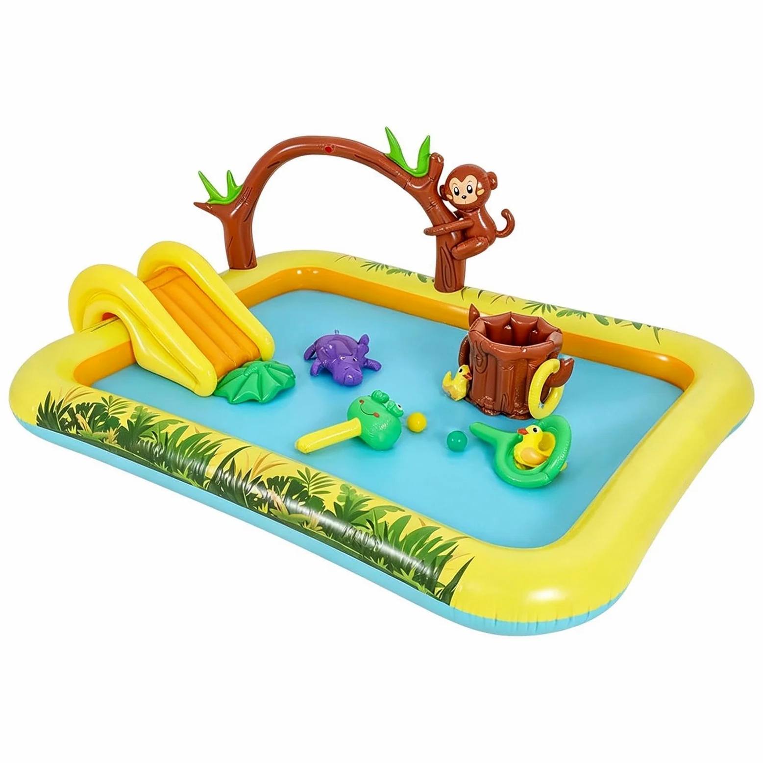 Piscina Hinchable con Tobogán Zona de Juegos Temática de Animales de Jungla | Piscina Hinchable Para Jardín, Patio, Terraza, Césped, Parque, Casa, Colegio, Vacaciones