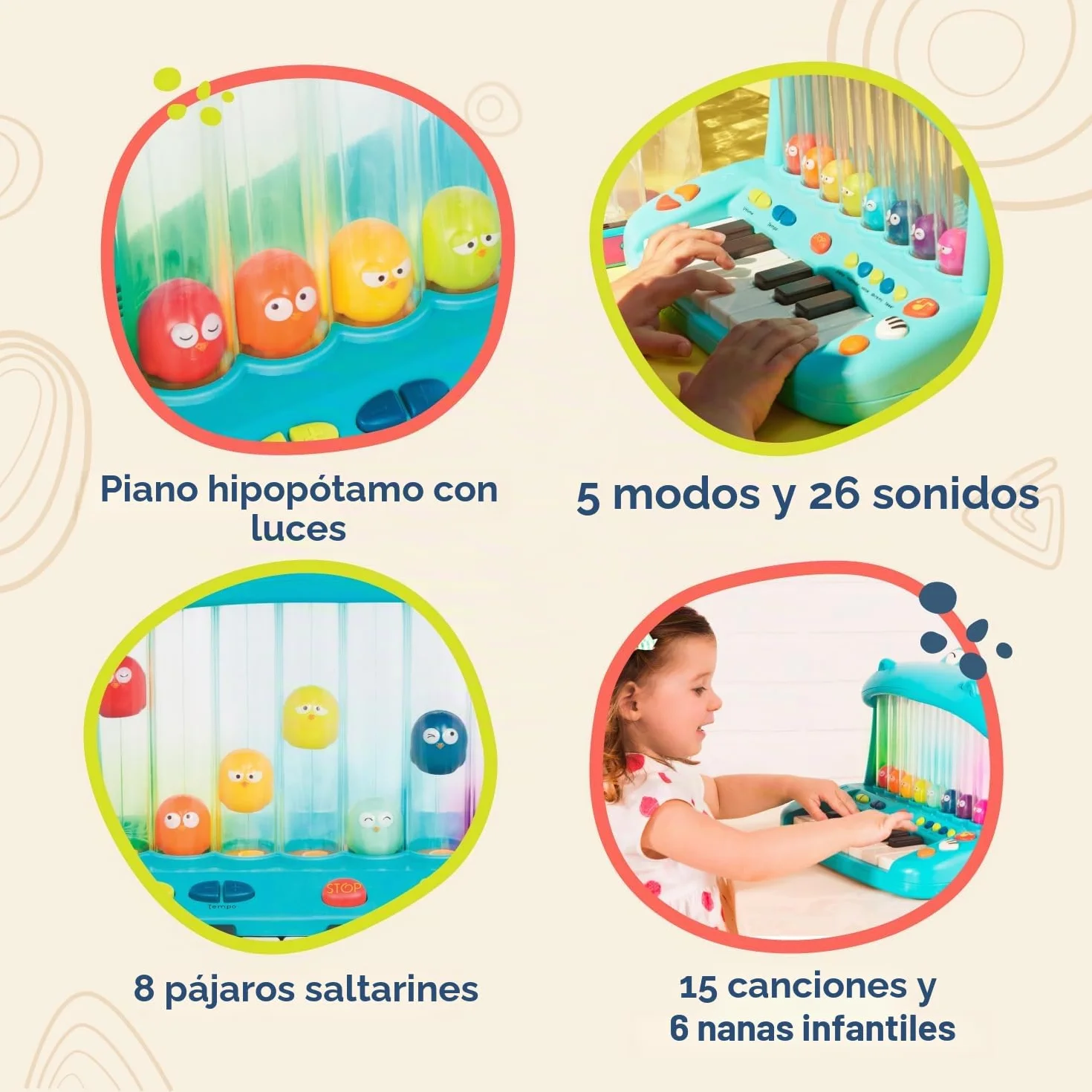 B. toys - Hipopótamo Pop - Teclado de Juguete - Tocar el Piano - Canciones, Sonidos y Luces - Instrumento Musical para niños - 12 Meses +